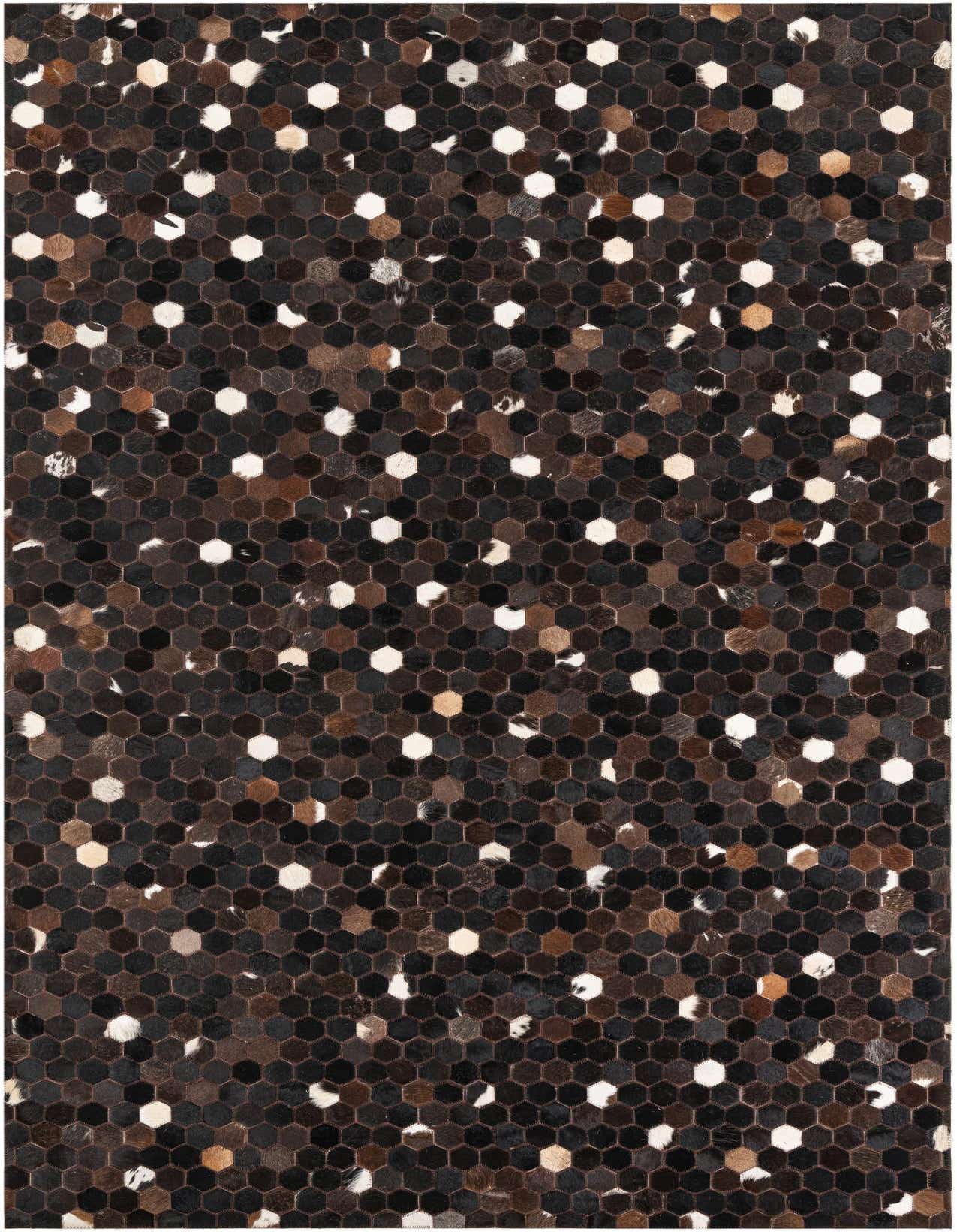 A 5x8 rectangular Cowhide Leather rug featuring an abstract pattern of dark brown, tan, and white hexagonal patches.