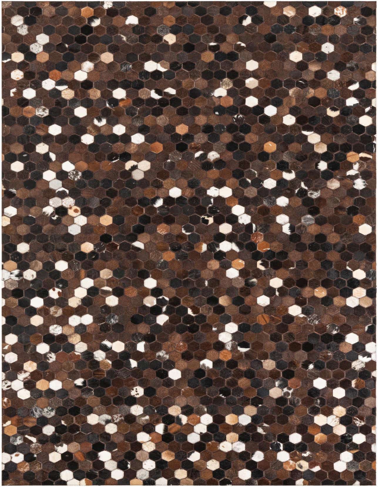 A 5x8 rectangular Cowhide Leather rug featuring an abstract pattern of small hexagonal patches in varying shades of brown, tan, black, and white.