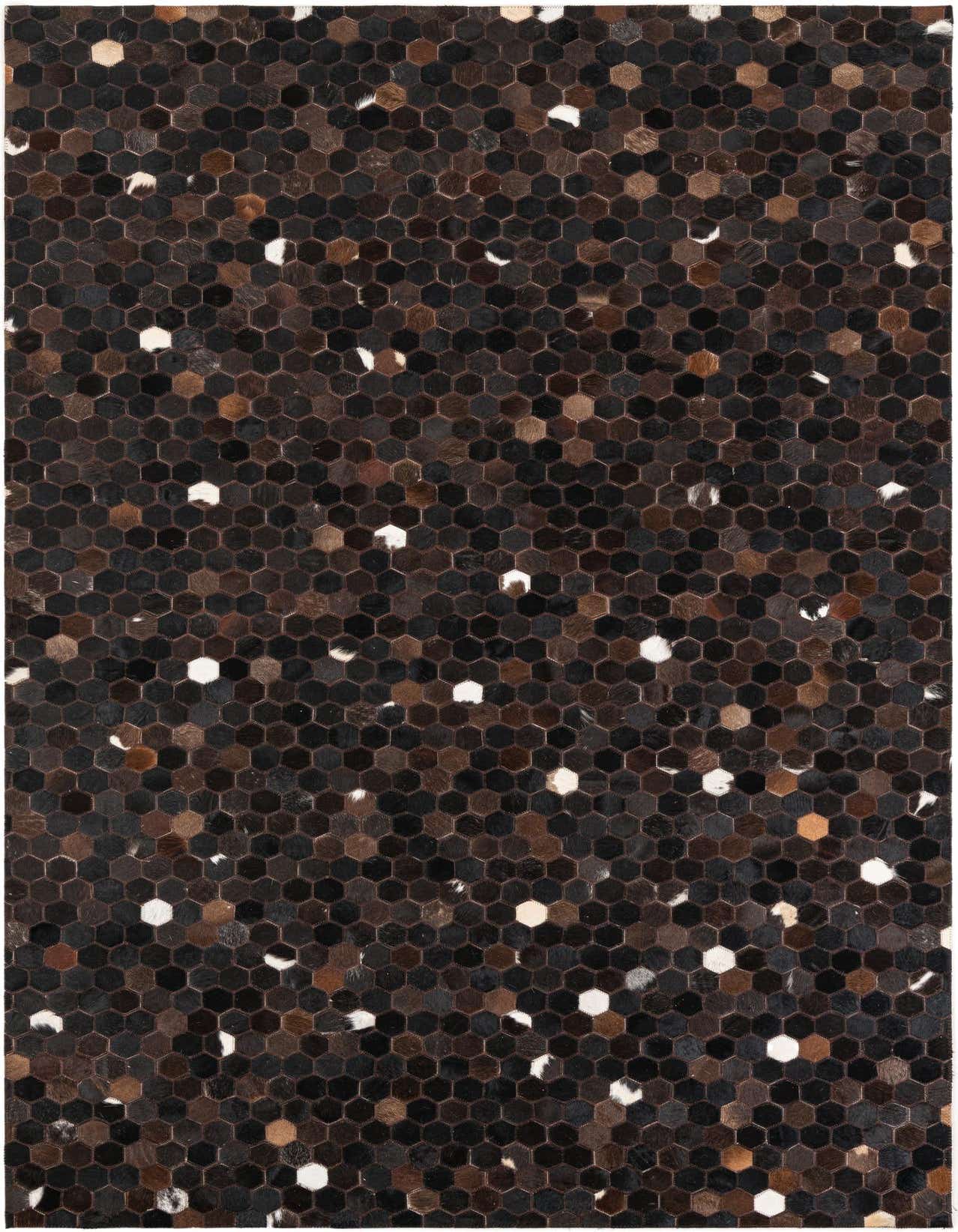 A 5x8 rectangular Cowhide Leather rug featuring a modern, abstract honeycomb pattern in varying shades of brown, tan, black, and white.