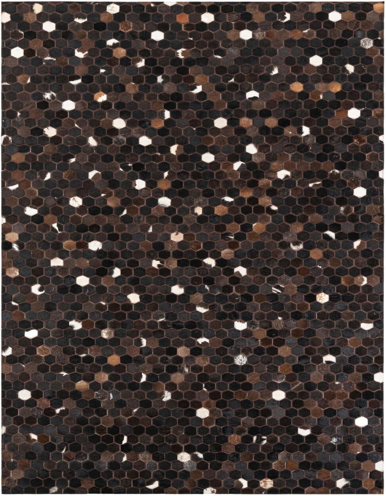A 5x8 rectangular Cowhide Leather rug featuring a modern abstract pattern of small hexagonal patches in varying shades of brown, tan, black, and white.