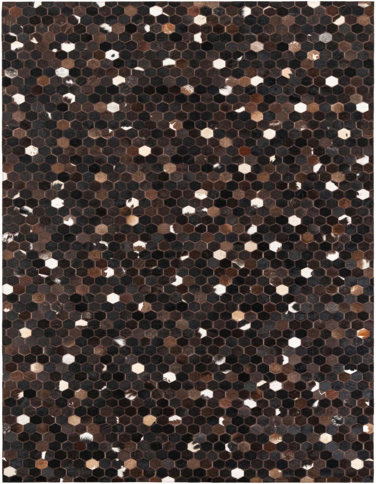 A 5x8 rectangular Cowhide Leather rug featuring a modern, abstract pattern of small hexagonal patches in varying shades of brown, tan, black, and white.
