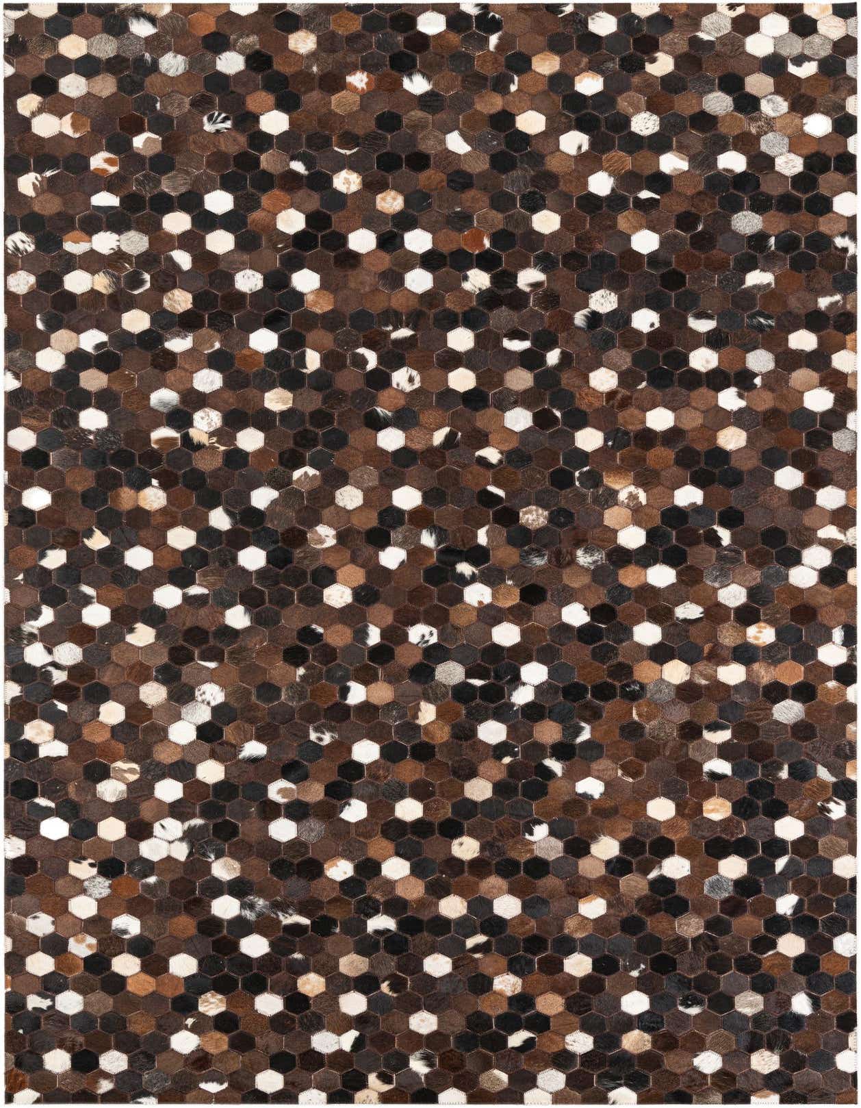 A 5x8 rectangular Cowhide Leather rug featuring a modern, abstract pattern of small hexagonal patches in varying shades of brown, tan, black, and white.