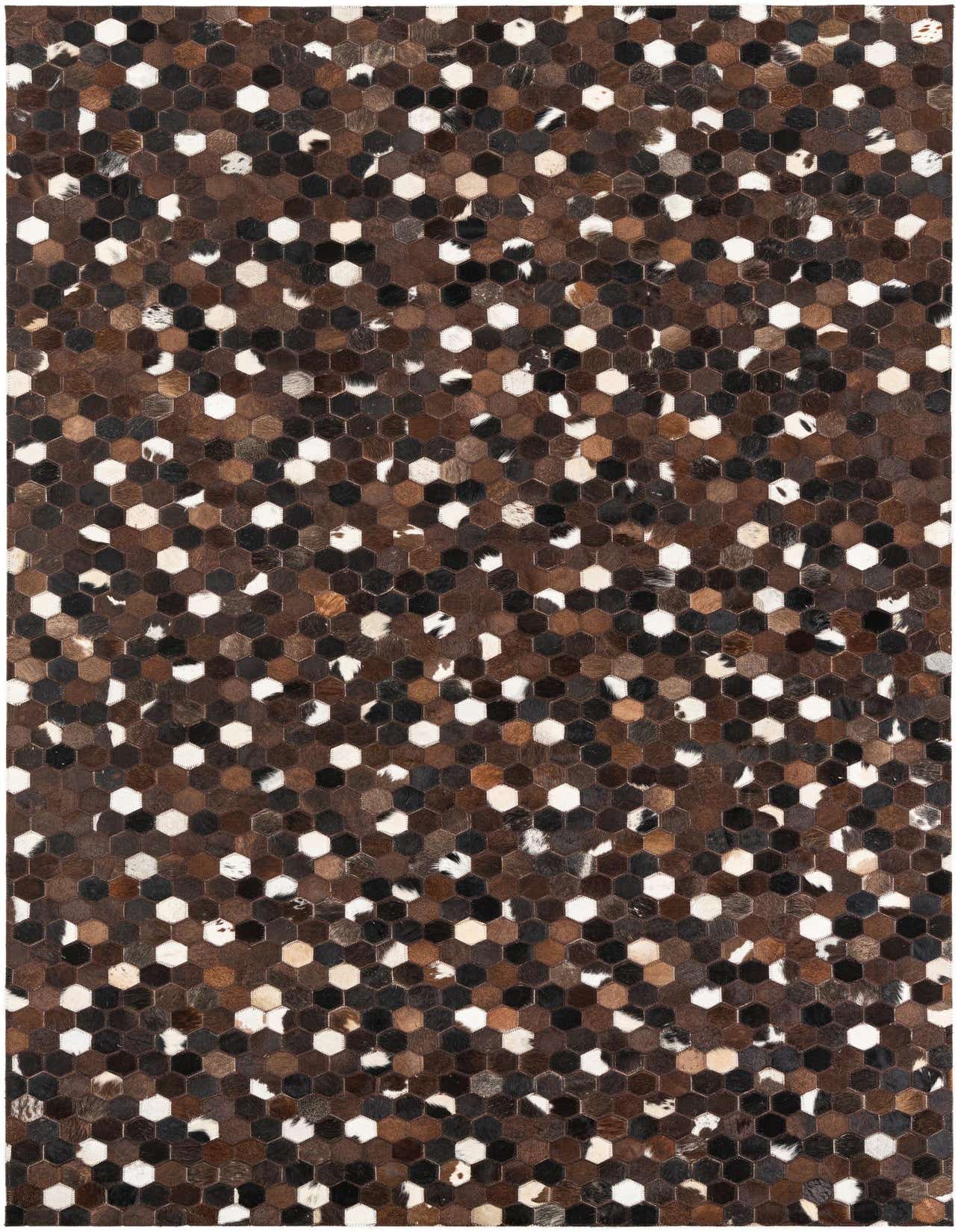 A 5x8 rectangular Cowhide Leather rug featuring a modern, abstract pattern of small hexagonal patches in varying shades of brown, tan, black, and white.