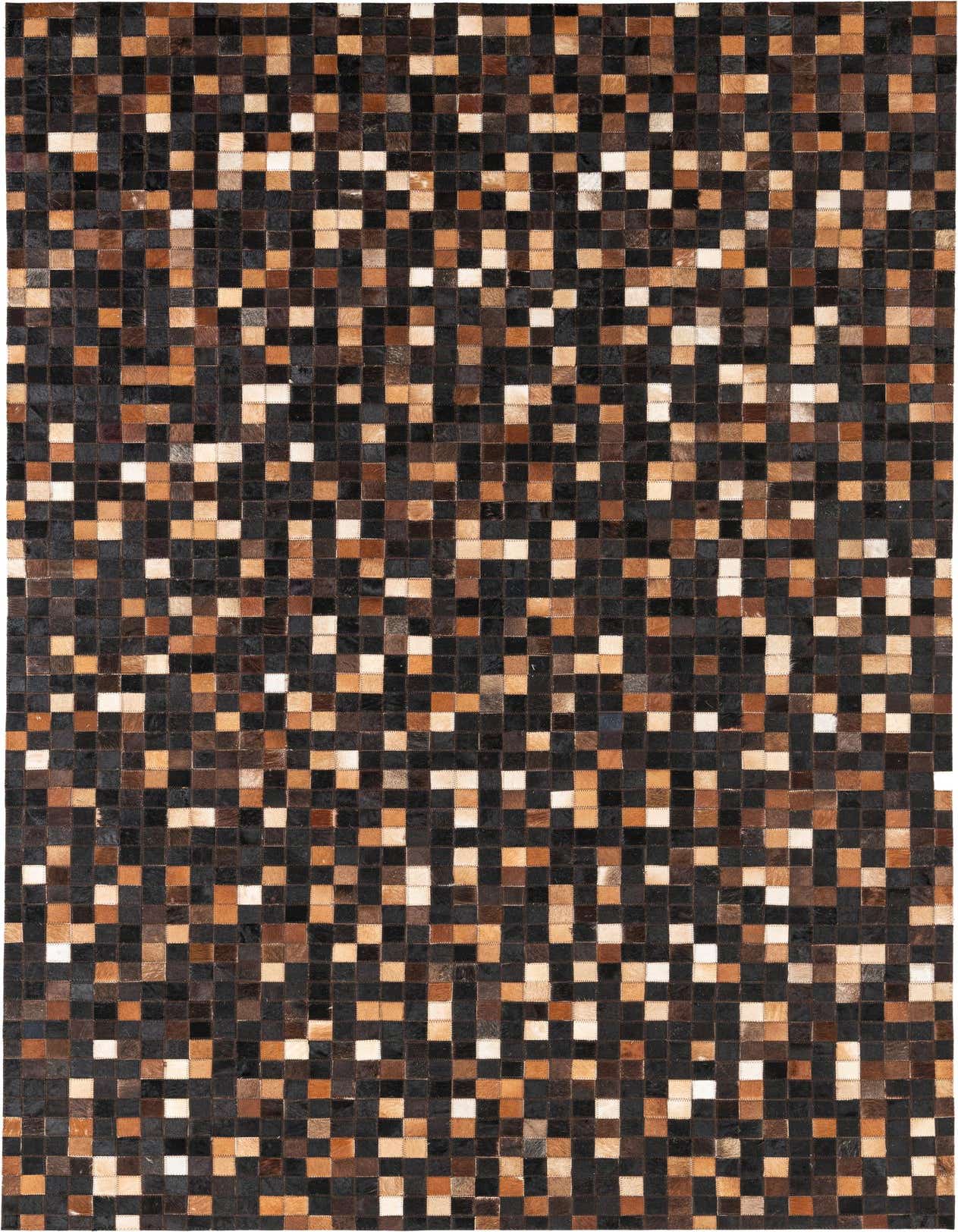 A 5x8 rectangular brown and tan cowhide leather rug with a modern, abstract patchwork pattern, ideal for a living room.