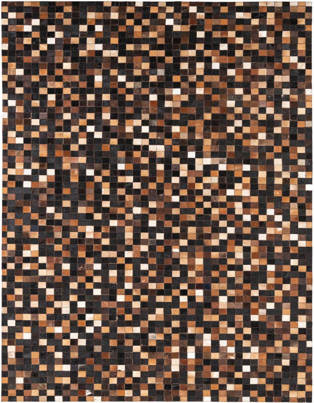 A rectangular 5x8 modern cowhide and leather rug featuring a mosaic of brown, tan, and black squares.