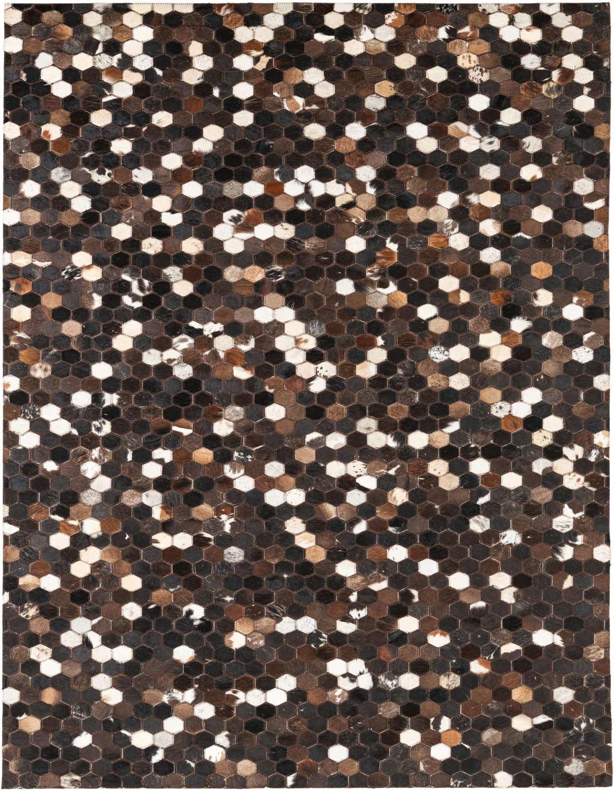 A 5x8 rectangular Cowhide Leather rug featuring a modern, abstract pattern of hexagonal patches in varying shades of brown, tan, and white.