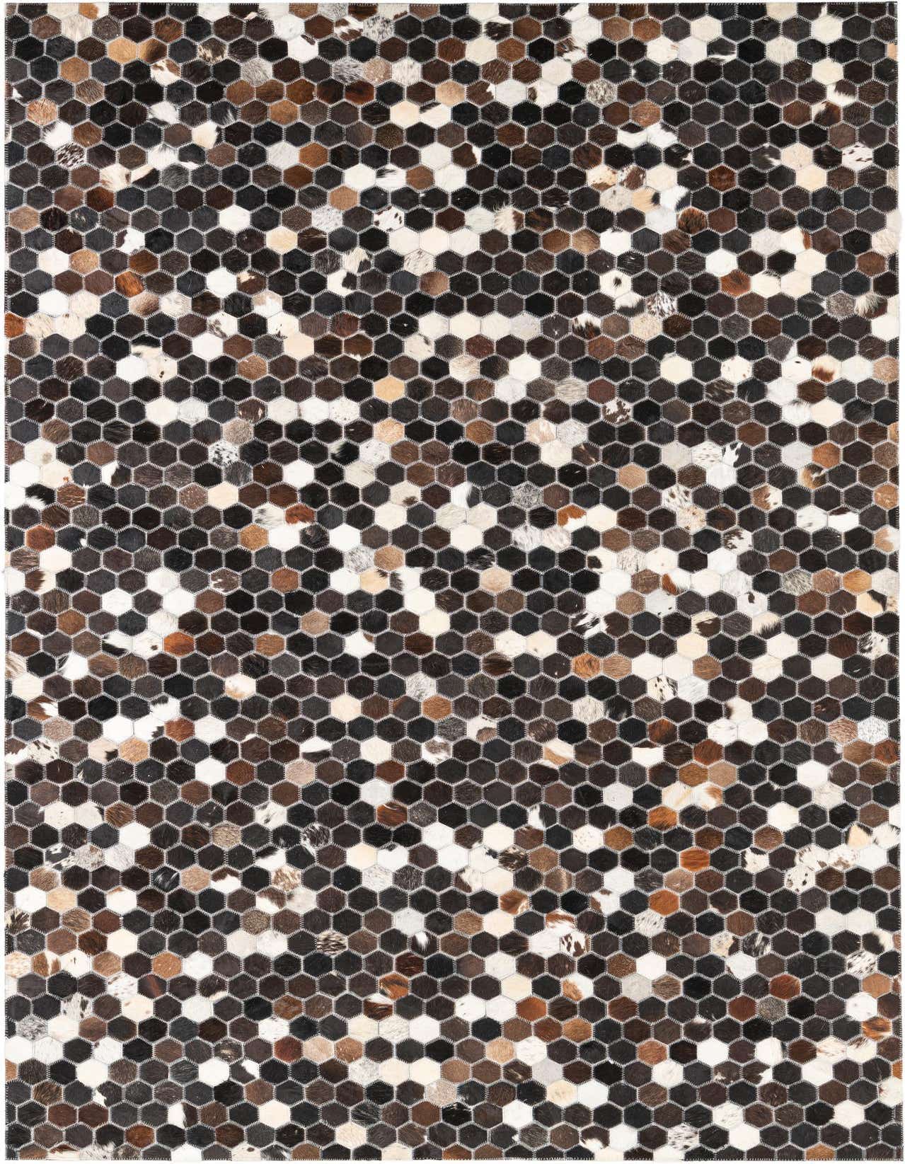 A 5x8 rectangular Cowhide Leather rug featuring a modern, abstract pattern of brown, tan, black, and white hexagonal cowhide patches.