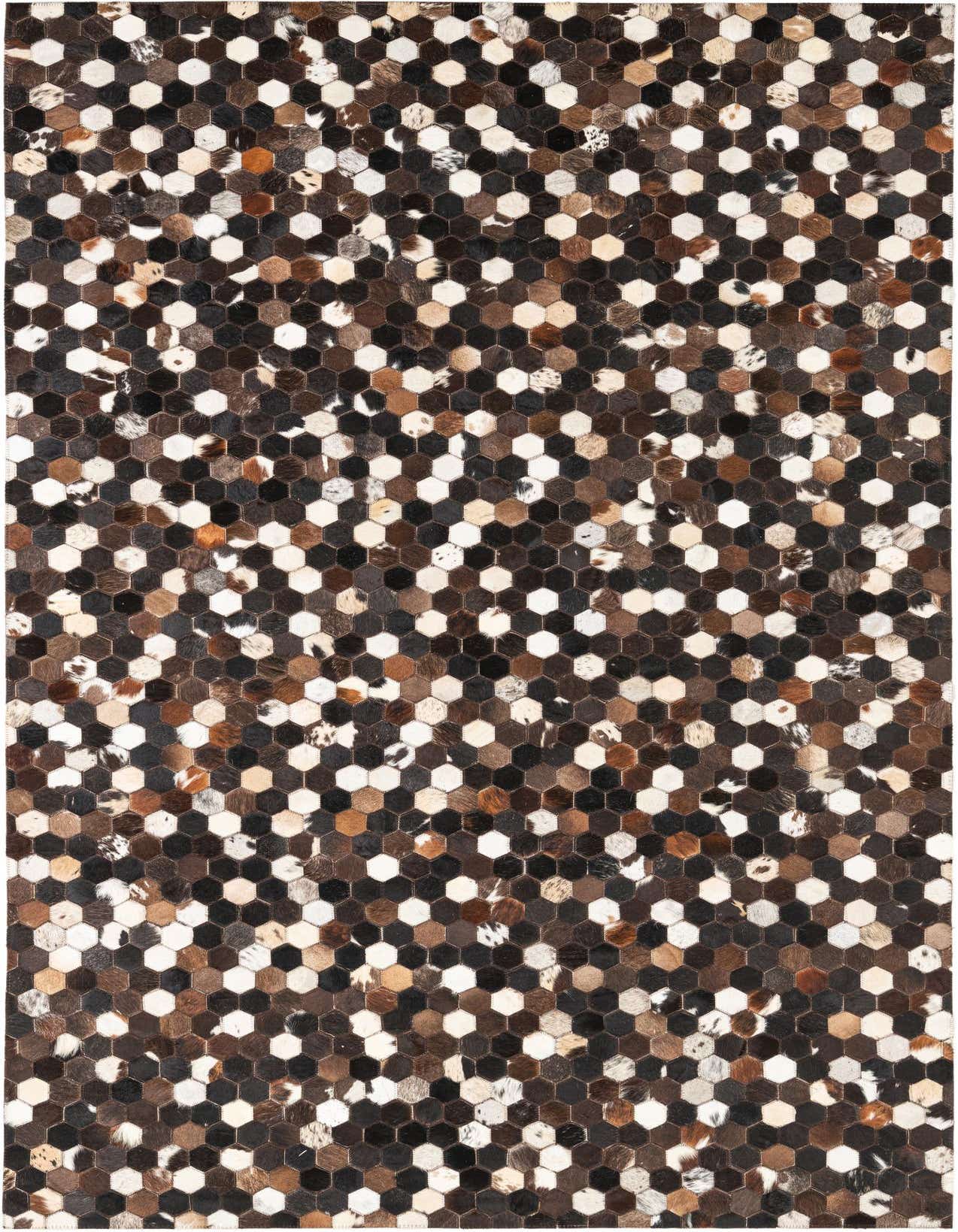 A 5x8 rectangular Cowhide Leather rug featuring a modern, abstract pattern of hexagonal patches in varying shades of brown, tan, and white.
