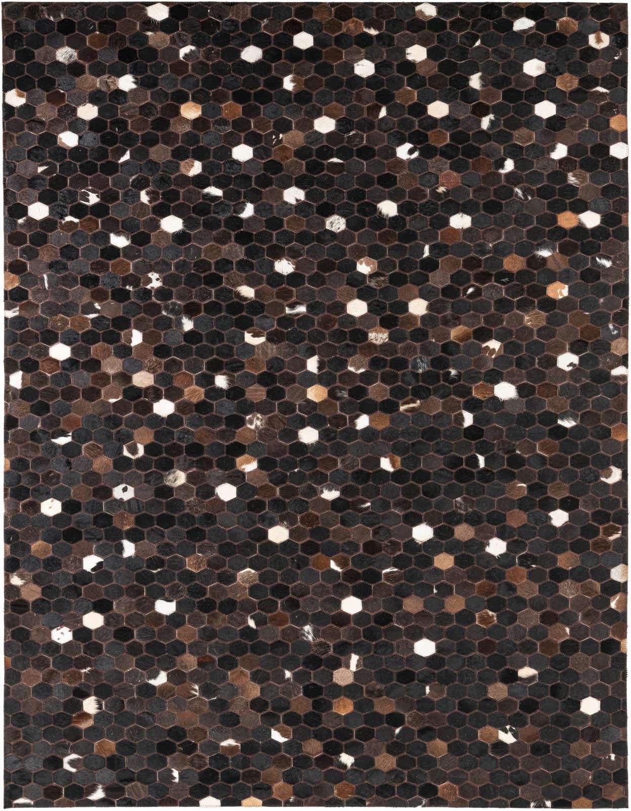 A 5x8 rectangular Cowhide Leather rug featuring a modern, abstract pattern of hexagonal patches in varying shades of brown, tan, black, and white.