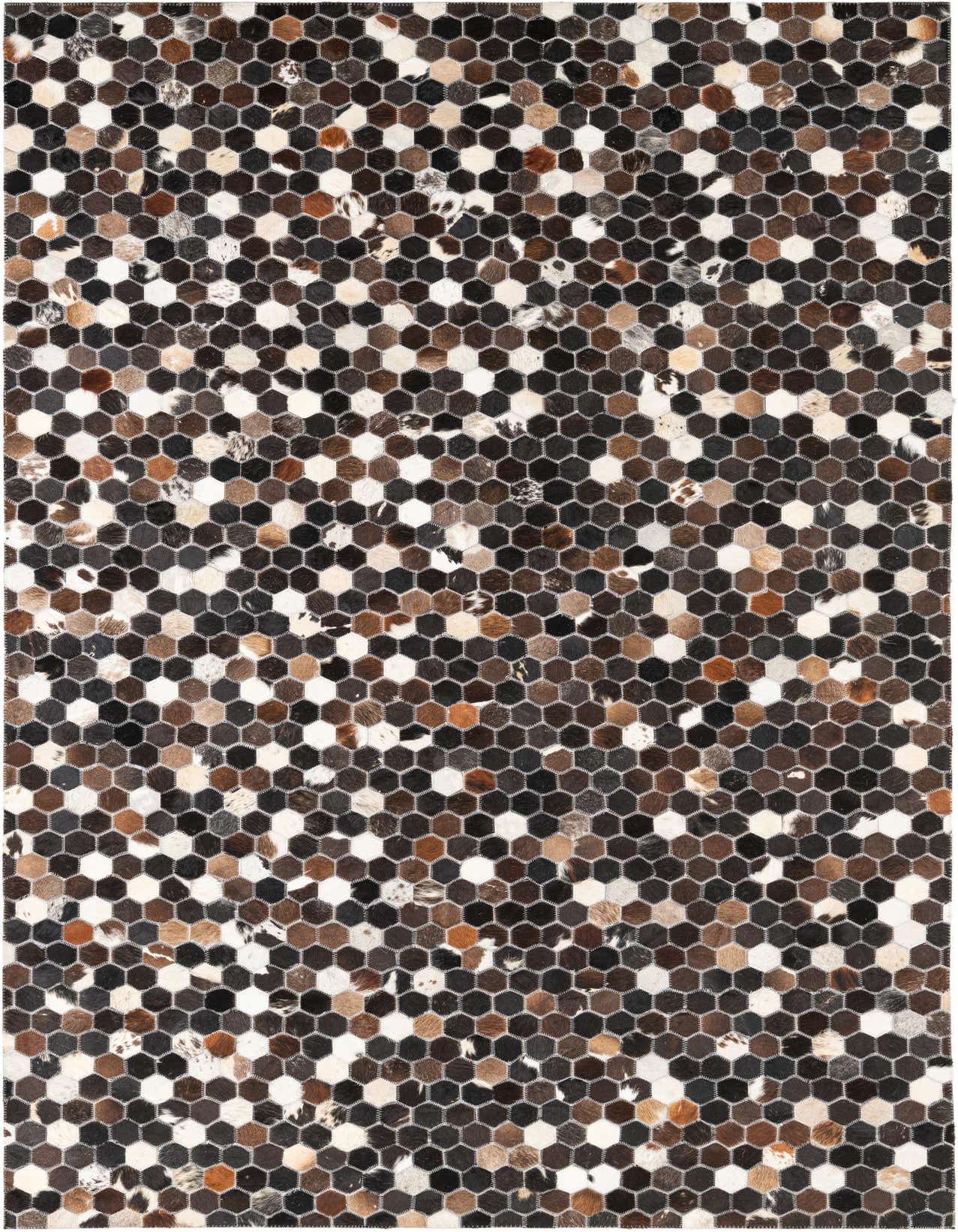 A 5x8 rectangular Cowhide Leather rug featuring a modern, abstract hexagonal pattern in various shades of brown, tan, and white.