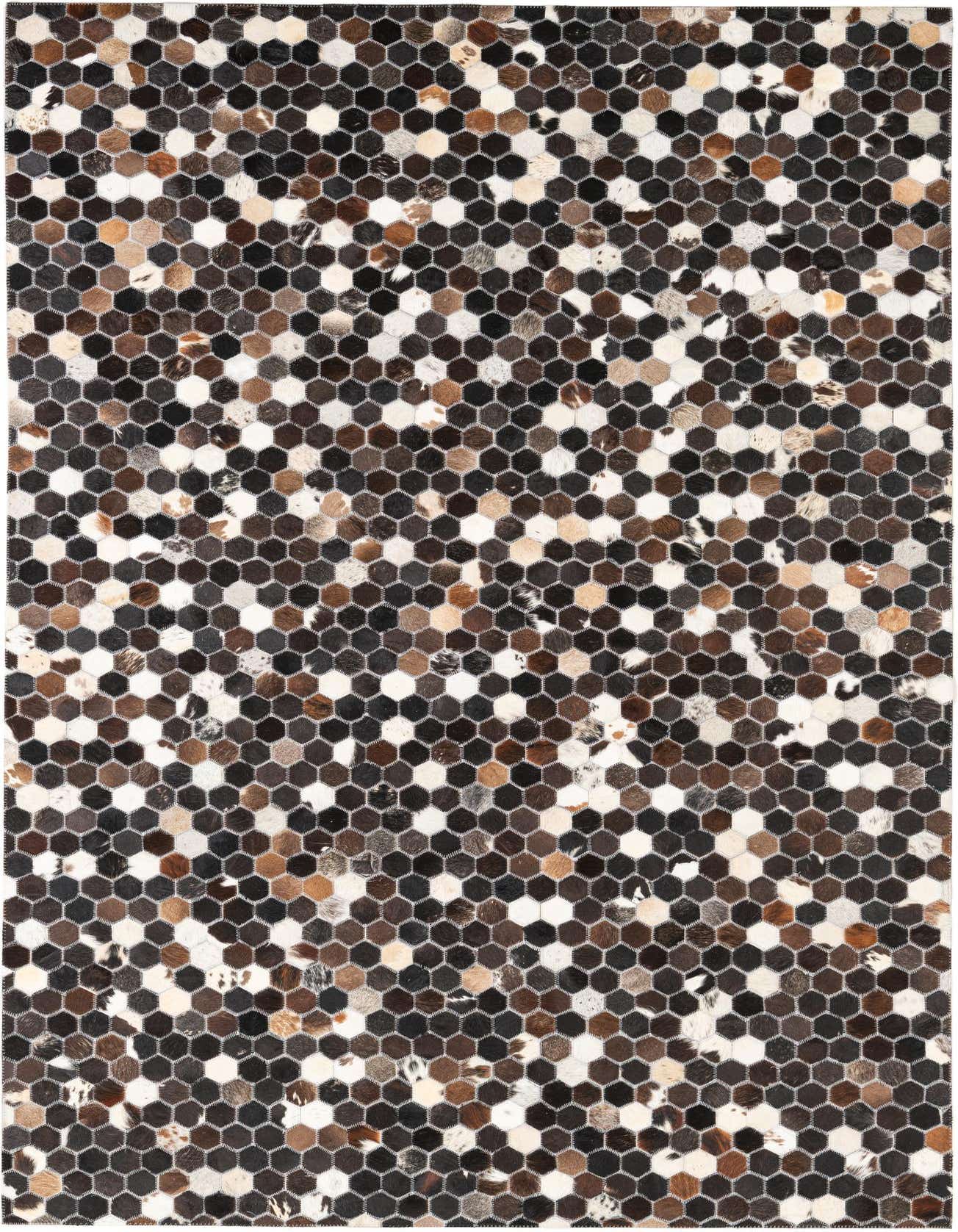 A 5x8 rectangular Cowhide Leather rug featuring a modern hexagonal mosaic pattern in various shades of brown, tan, and white.