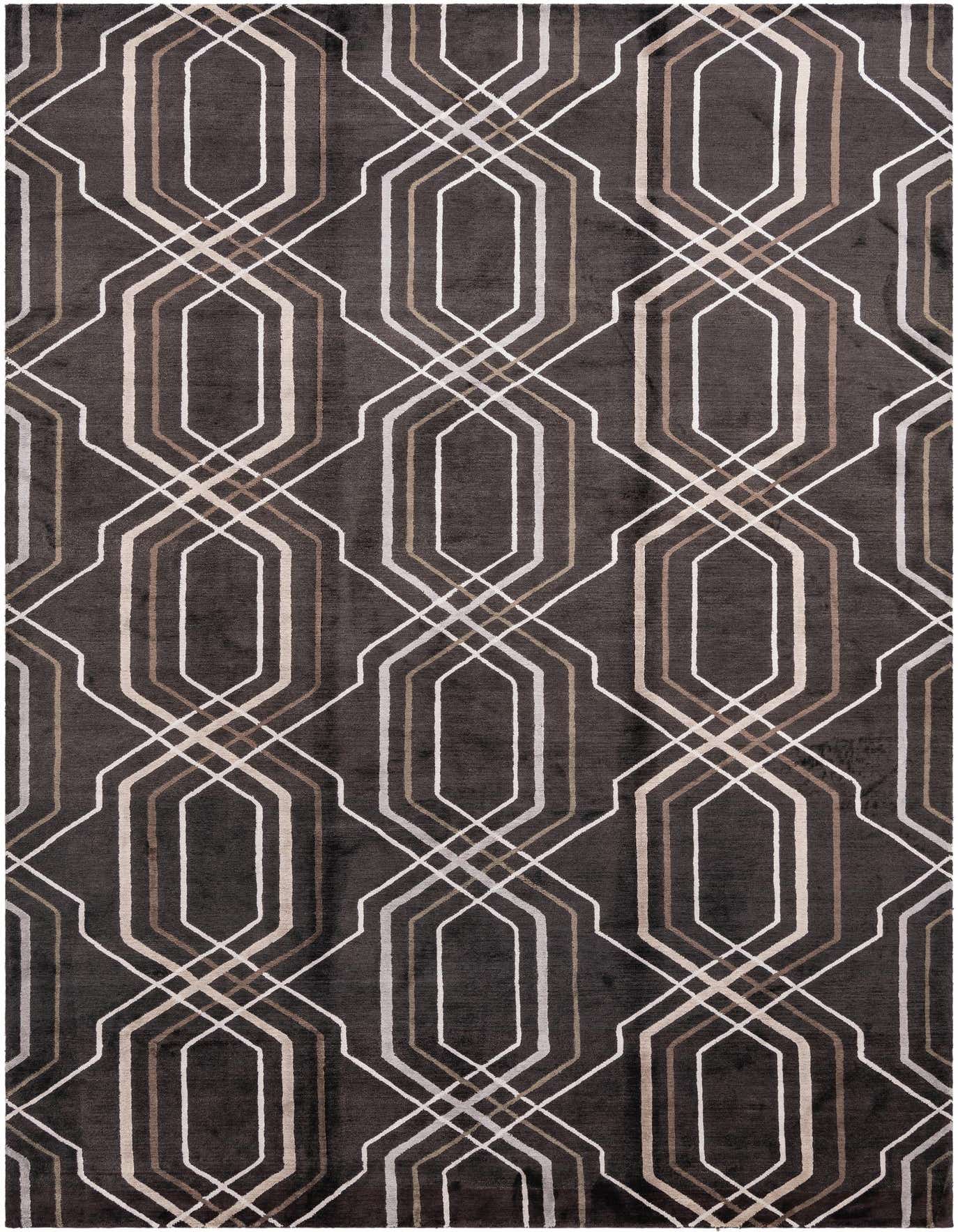 A rectangular 7x10 Darya rug with a modern geometric pattern in varying shades of brown, tan, and white on a dark brown background.