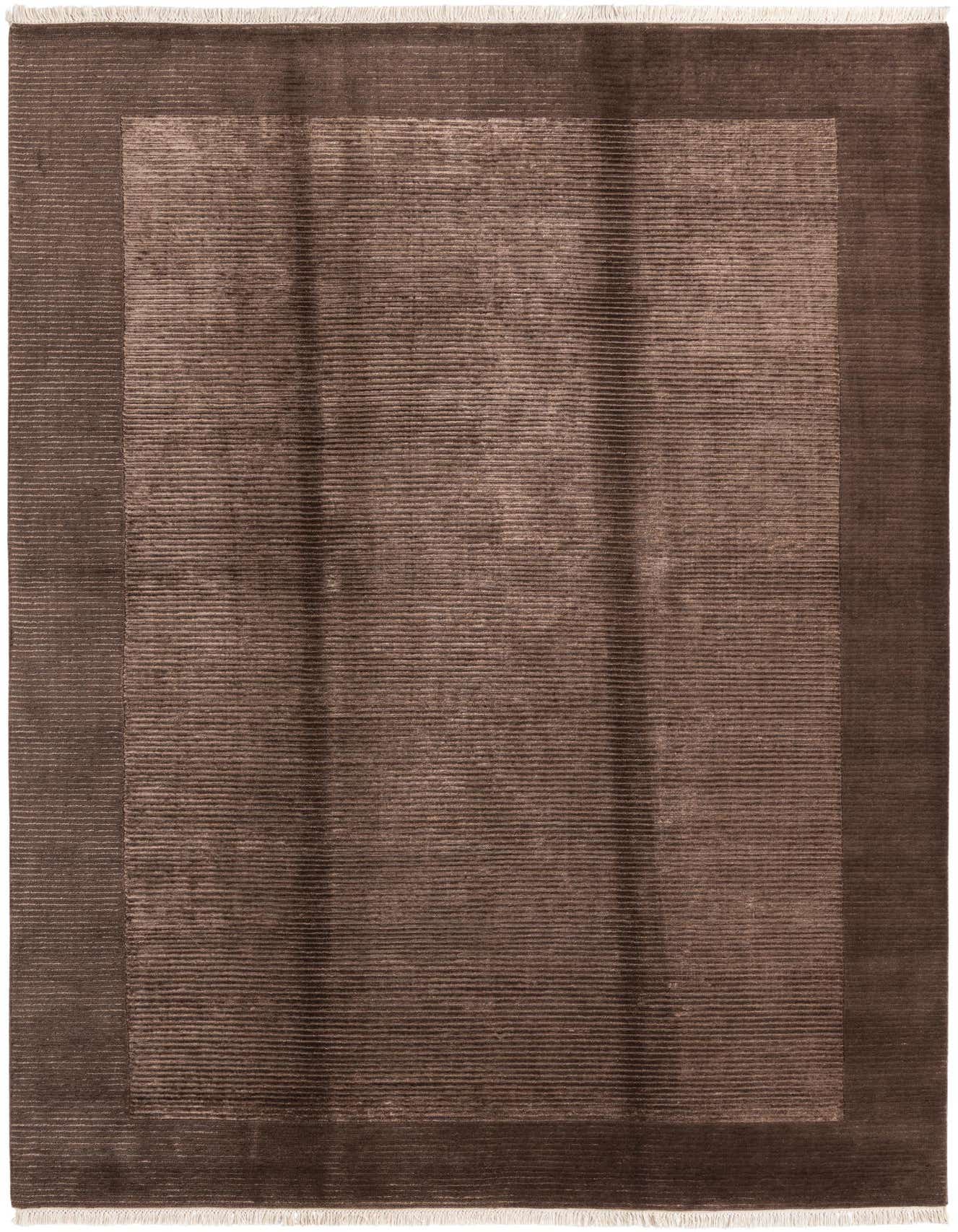 A 7x10 rectangular Darya rug in varying shades of brown, featuring a modern striped pattern and a darker solid border.