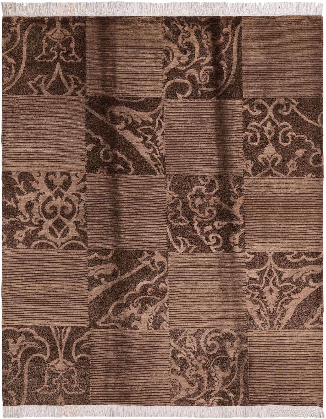 A 5x8 rectangular Darya rug with a patchwork design in varying shades of brown and tan, featuring alternating modern striped and traditional oriental patterns.
