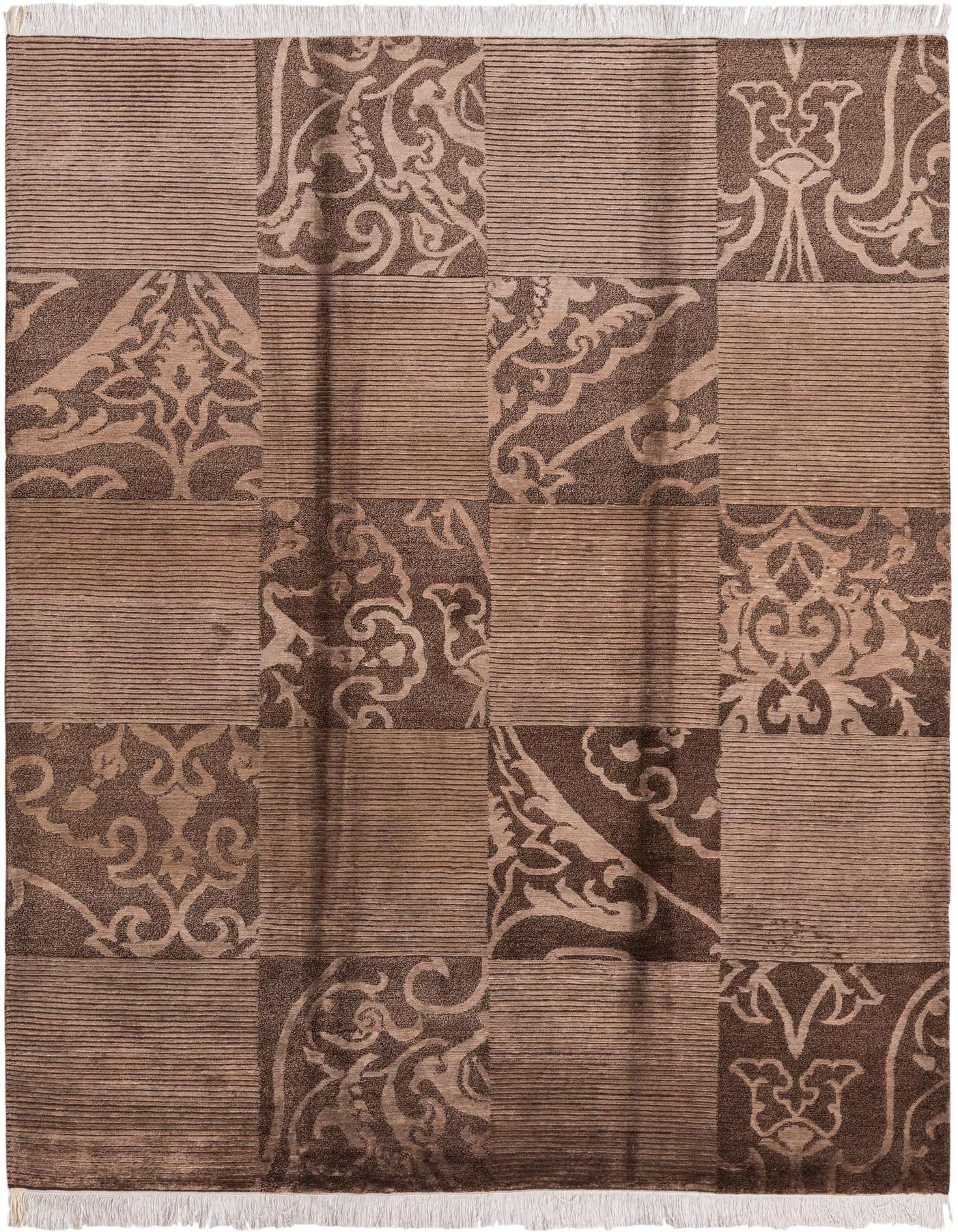 A 5x8 rectangular Darya rug with a modern oriental pattern in varying shades of brown and tan, featuring alternating striped and ornate floral squares.