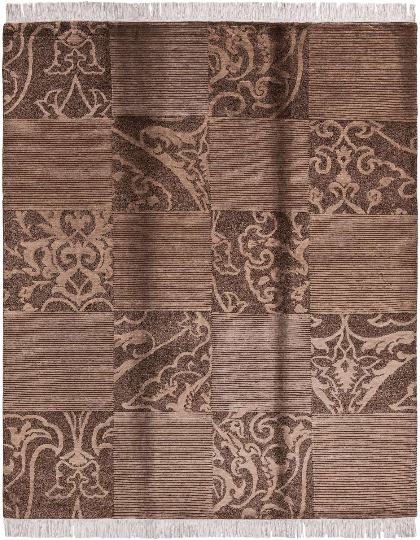 A 5x8 rectangular Darya Collection wool rug in varying shades of brown and tan, featuring a modern oriental patchwork design with alternating striped and ornate patterned squares, finished with white fringe.