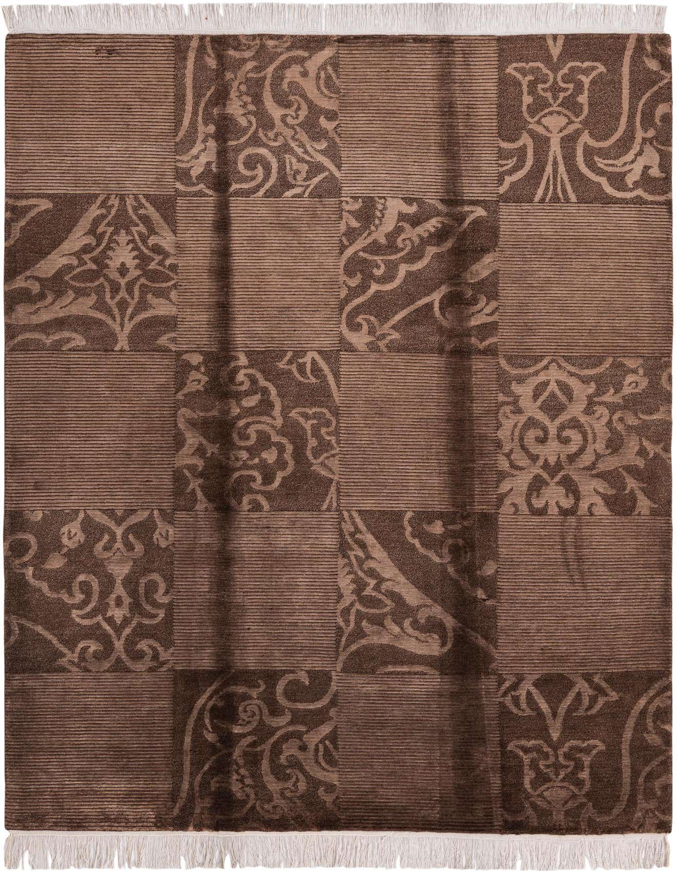 A 5x8 rectangular Darya rug in varying shades of brown, featuring a modern oriental patchwork design with alternating striped and ornate patterns, and white fringe.