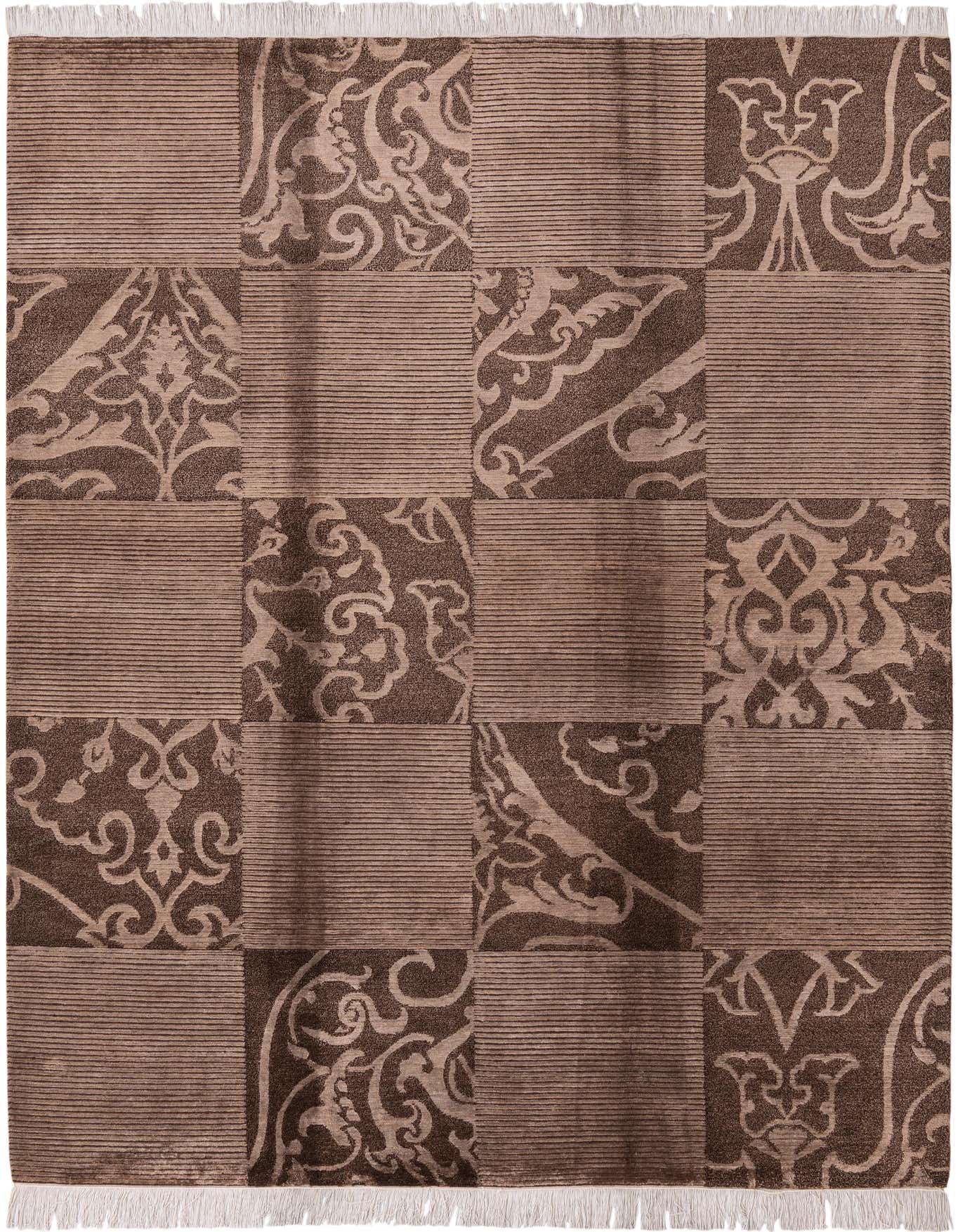 A 5x8 rectangular brown and tan wool rug featuring a modern oriental patchwork design with alternating striped and ornate patterned squares, finished with white fringe.