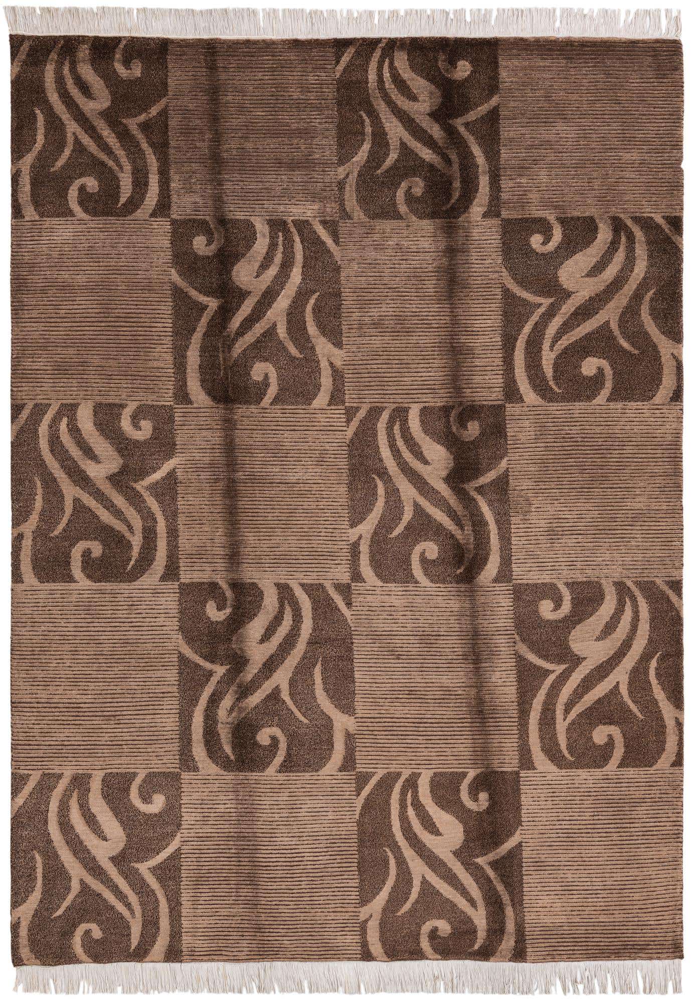 A 5x8 rectangular Darya rug in shades of brown and tan, featuring a modern checkerboard pattern with alternating striped and ornate oriental swirl blocks.