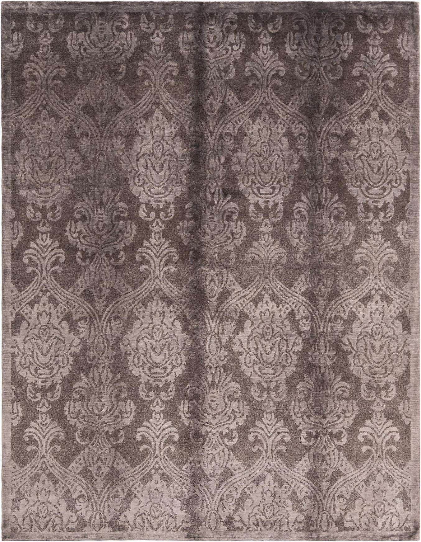 A 7x10 rectangular brown modern rug with a subtle, high-pile damask pattern, suitable for a living room.