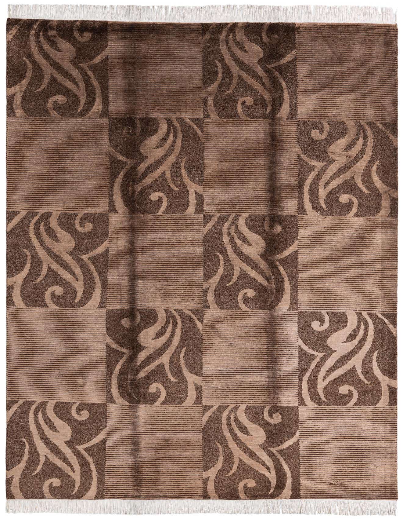 A 5x8 rectangular Darya rug with a modern oriental pattern in varying shades of brown and tan, featuring alternating blocks of horizontal stripes and intricate scrollwork.