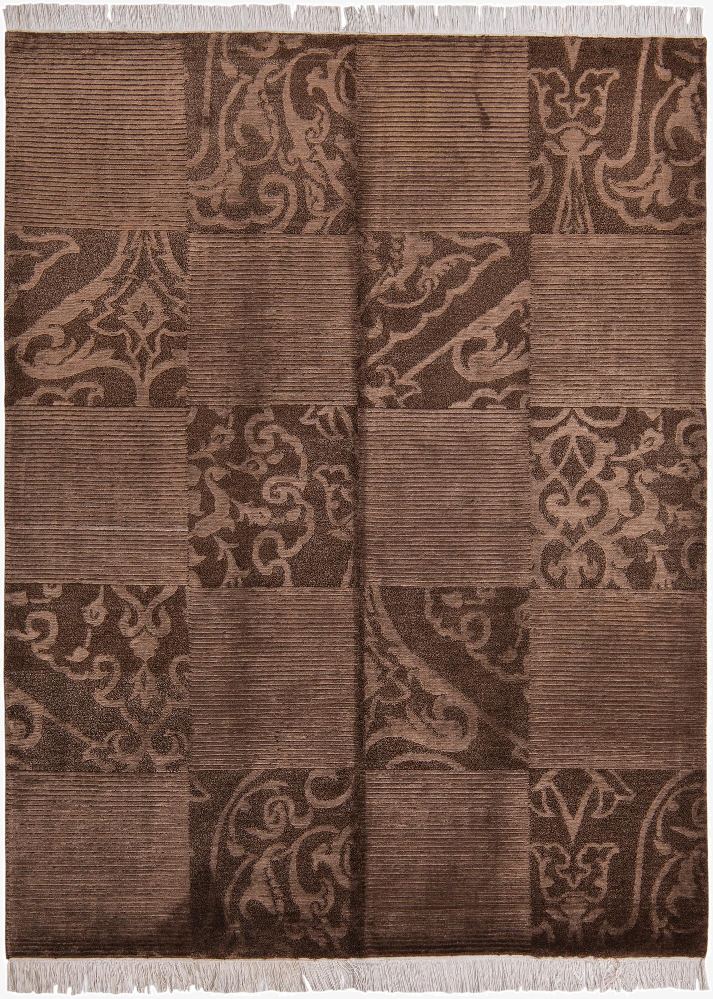 A 5x8 rectangular Darya rug in varying shades of brown, featuring a modern oriental checkered pattern with alternating striped and ornate floral squares, and white fringe.