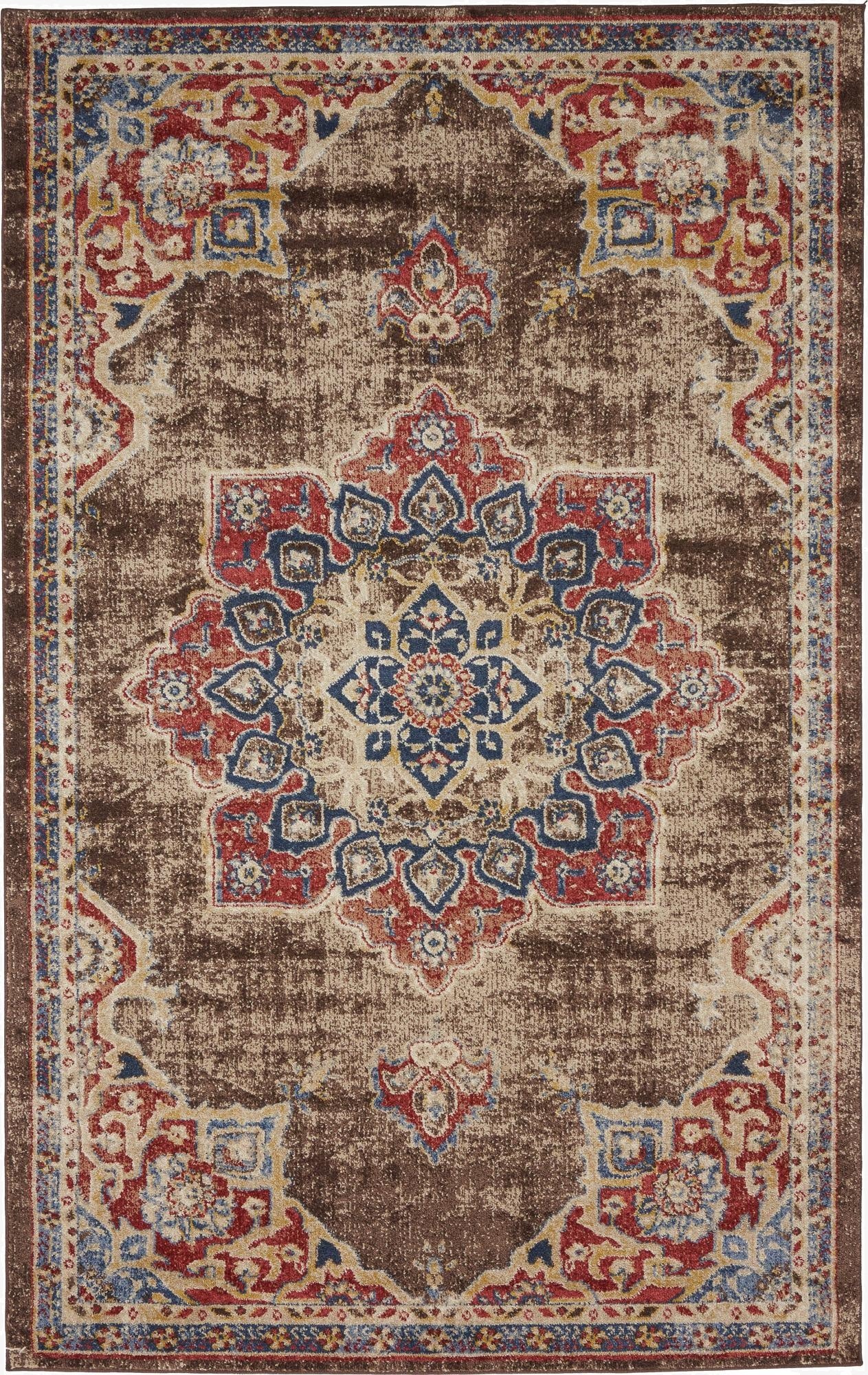 A 5x8 rectangular Eden Collection rug featuring a distressed brown and tan background with a vibrant red and blue medallion pattern.