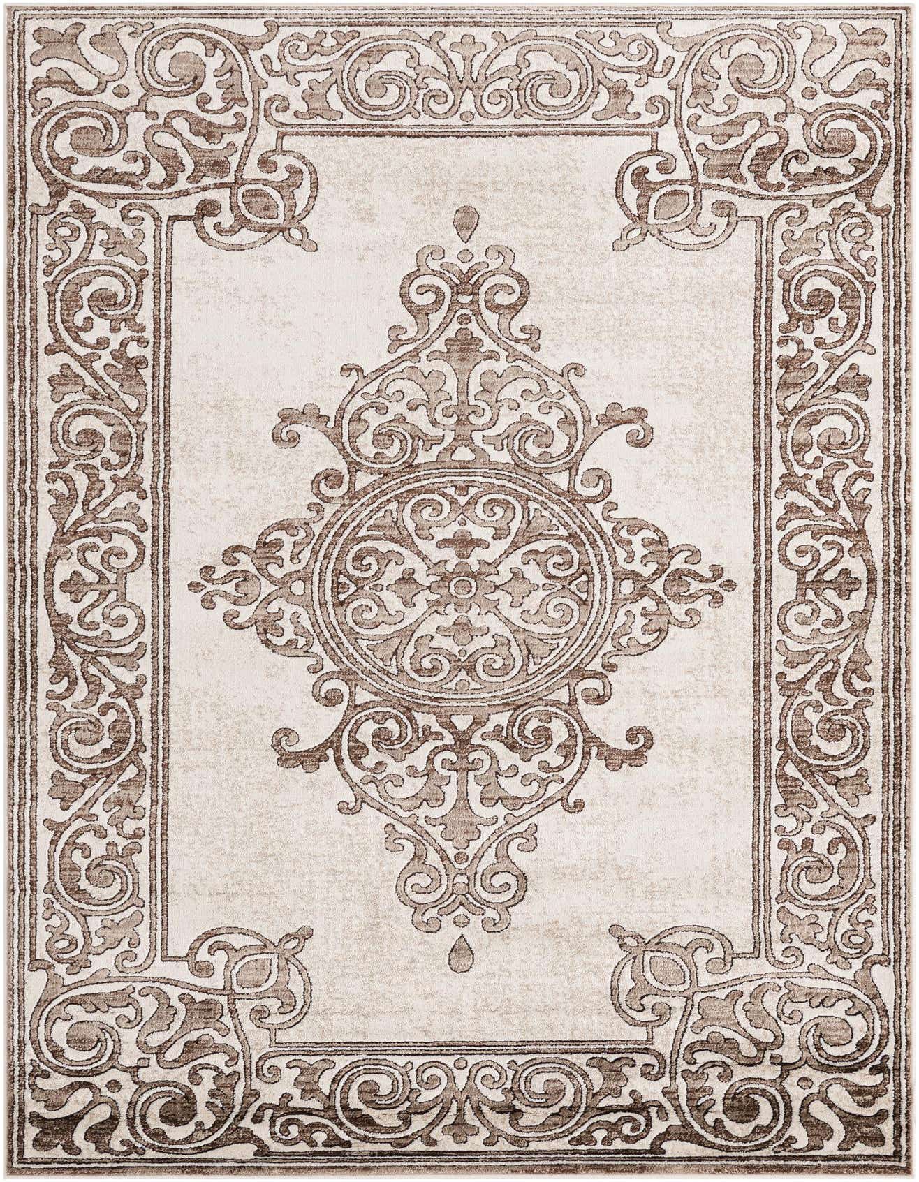 A 5x8 rectangular Hermitage rug featuring a traditional medallion pattern in shades of brown and tan.