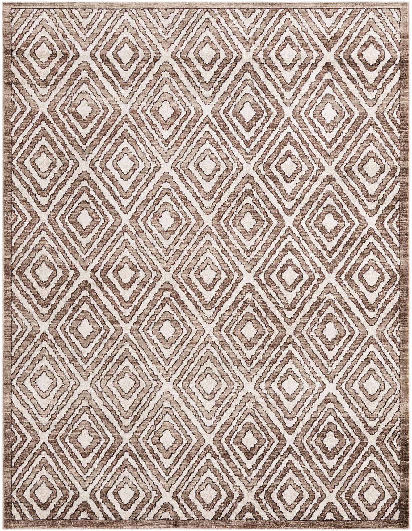 A 6x9 rectangular brown and tan modern area rug with a textured high/low pile diamond pattern.