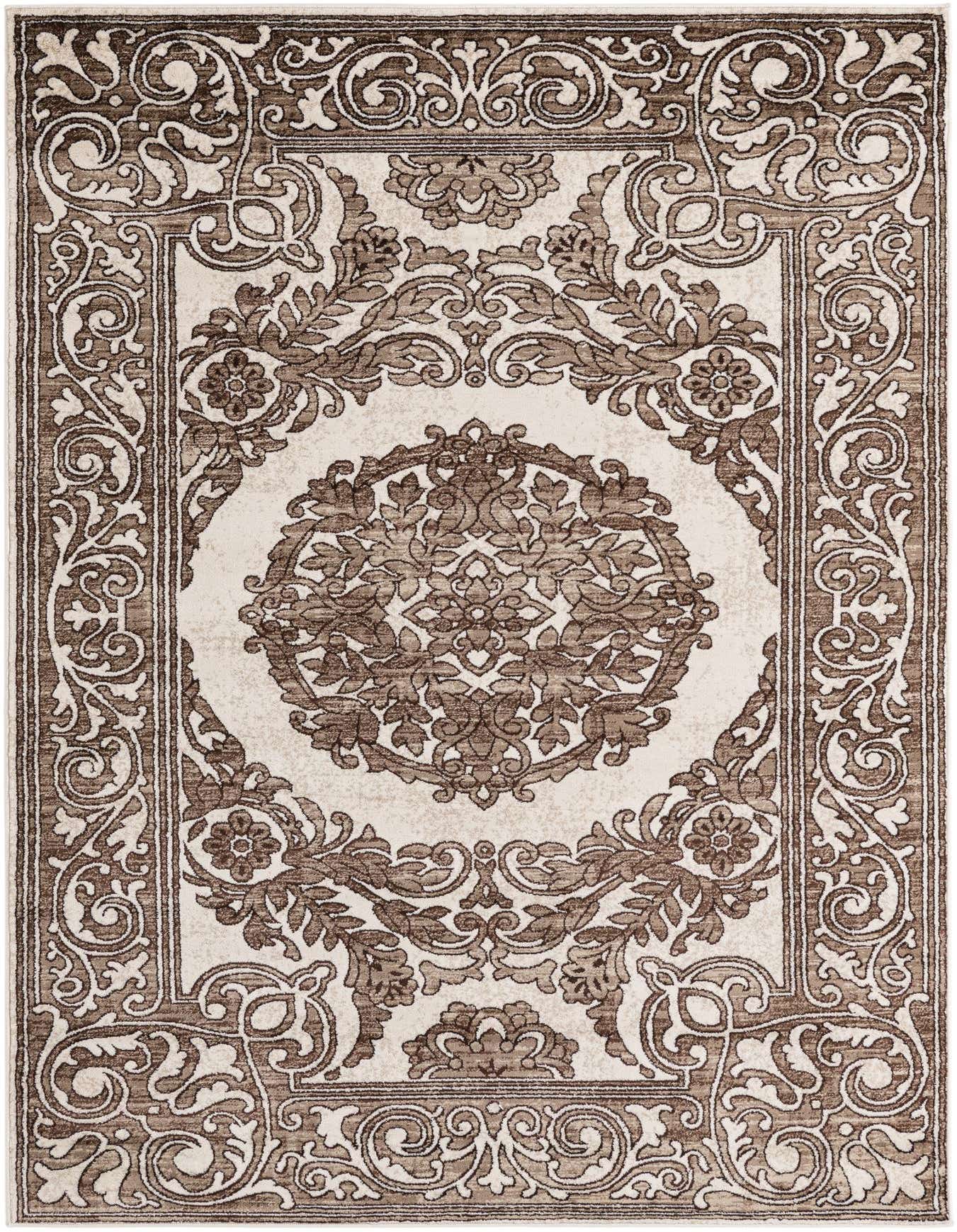 A 5x8 rectangular indoor rug with a traditional medallion pattern in shades of brown and tan.