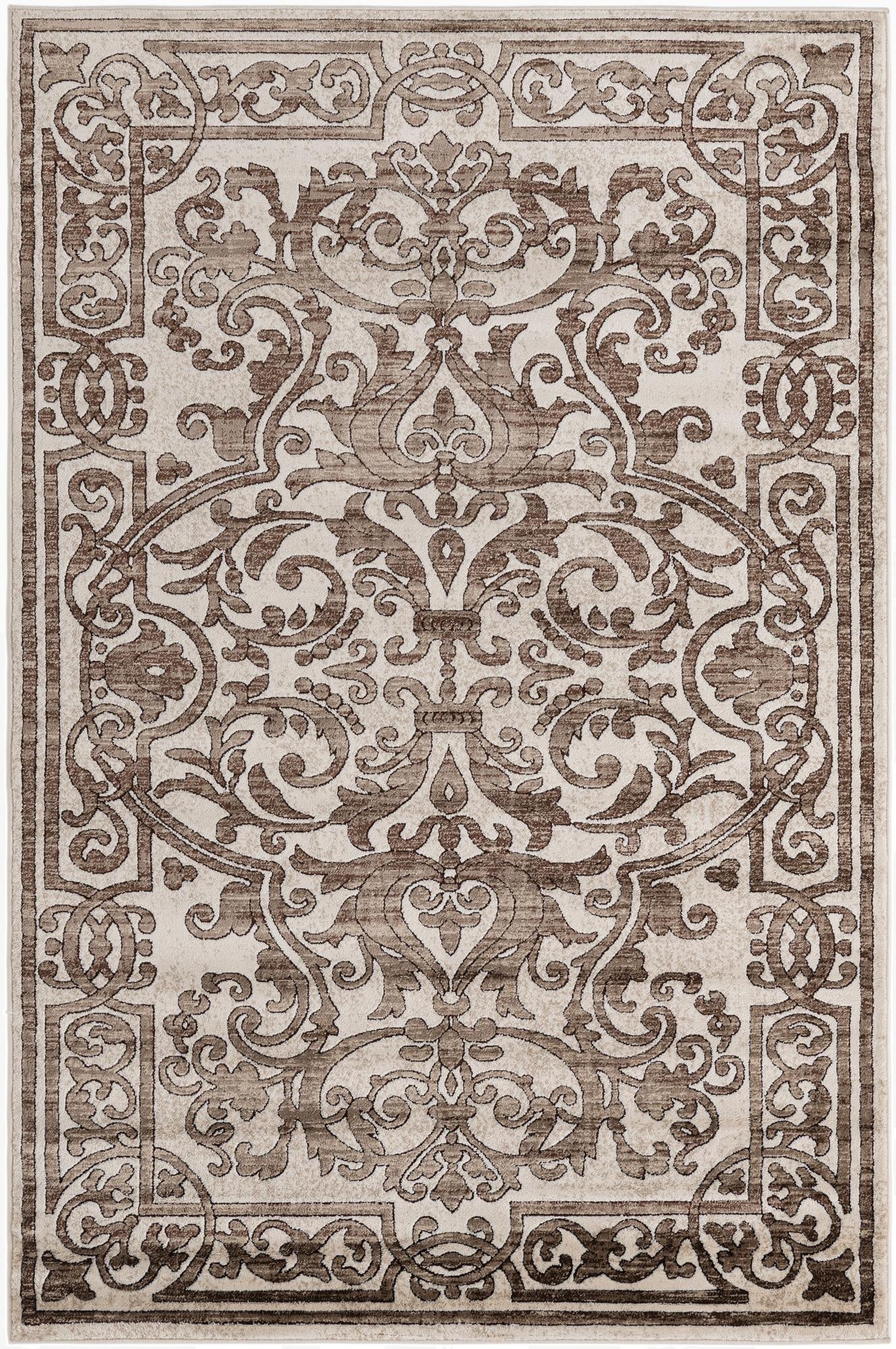 A 5x8 rectangular indoor rug featuring a traditional floral pattern in varying shades of brown and tan.