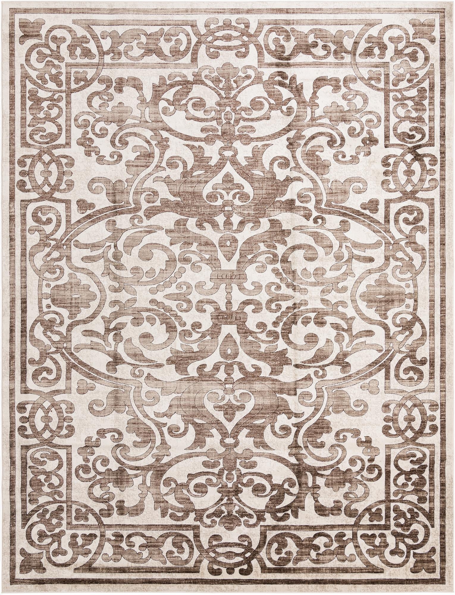 A 10x14 rectangular brown and tan traditional floral rug with an ornate central medallion and border.