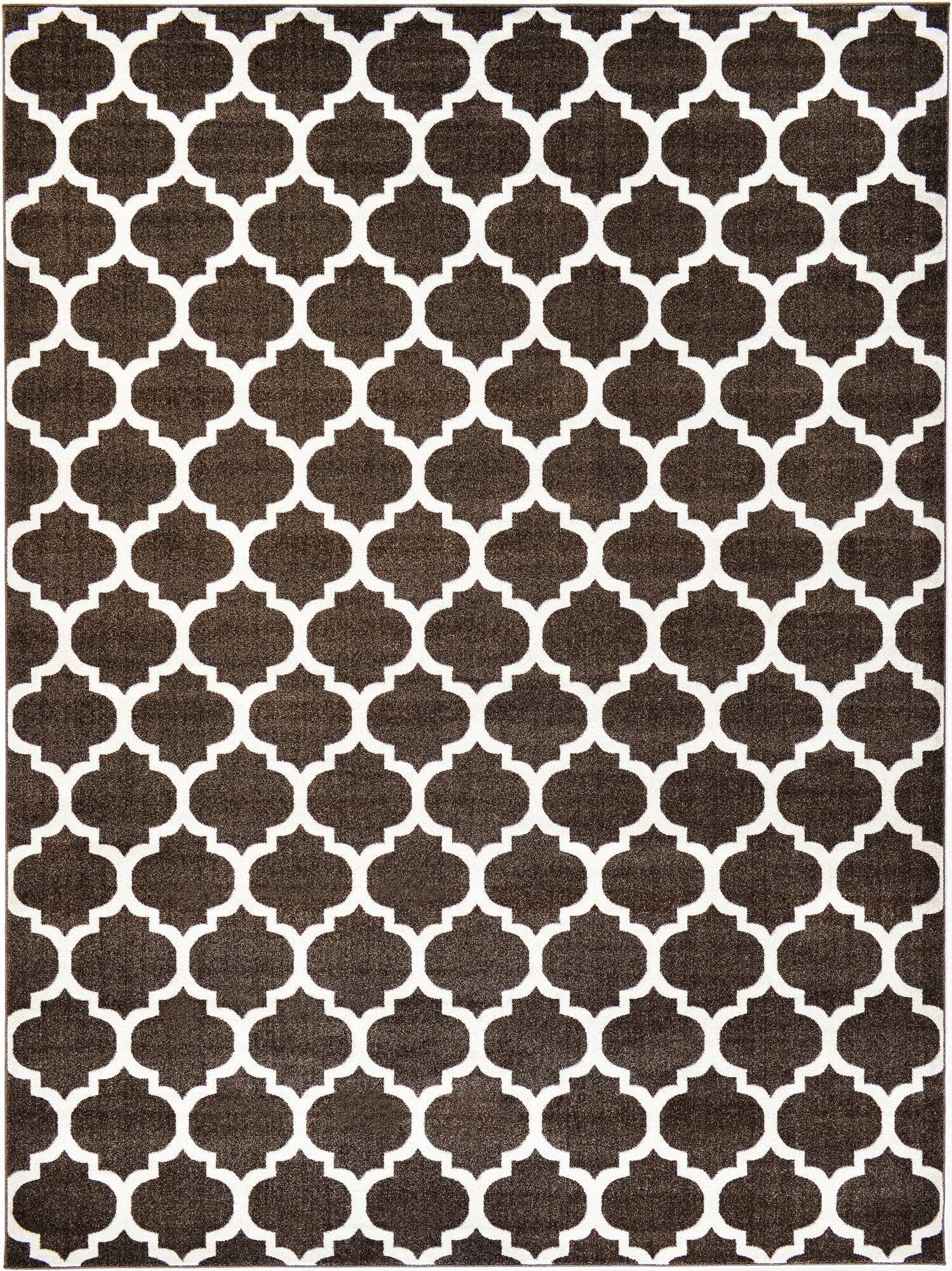 A 10x13 rectangular brown area rug with a repeating white modern trellis pattern, suitable for a living room.