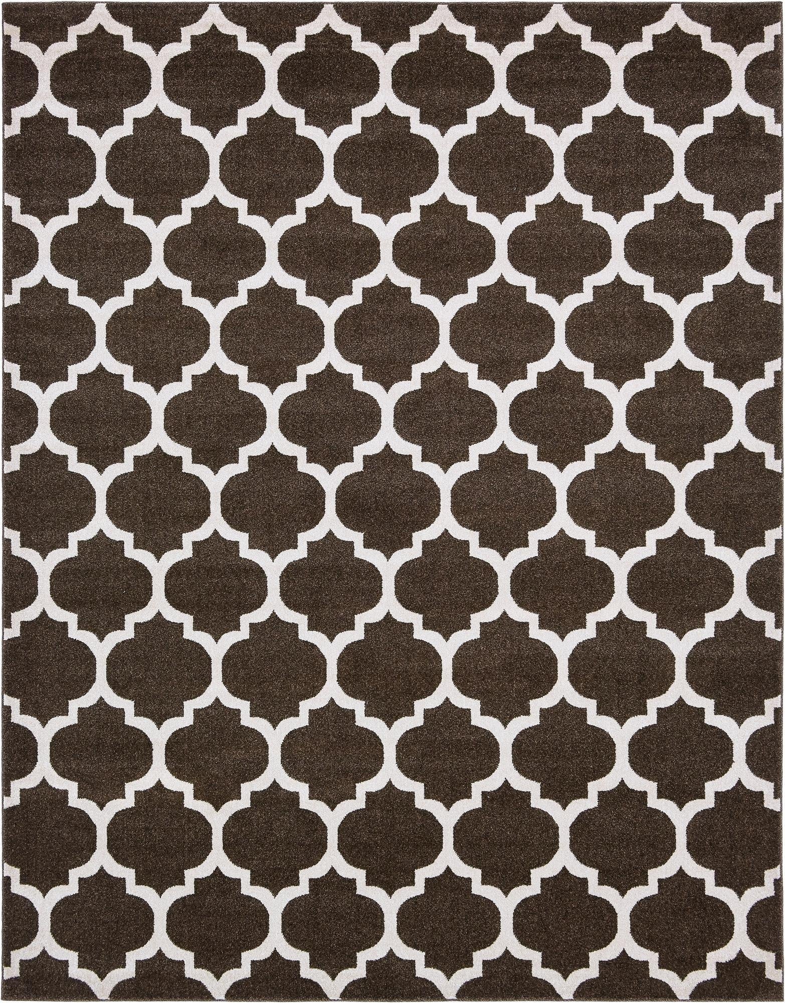 A rectangular 8x10 brown area rug with a repeating white modern trellis pattern, suitable for a living room.