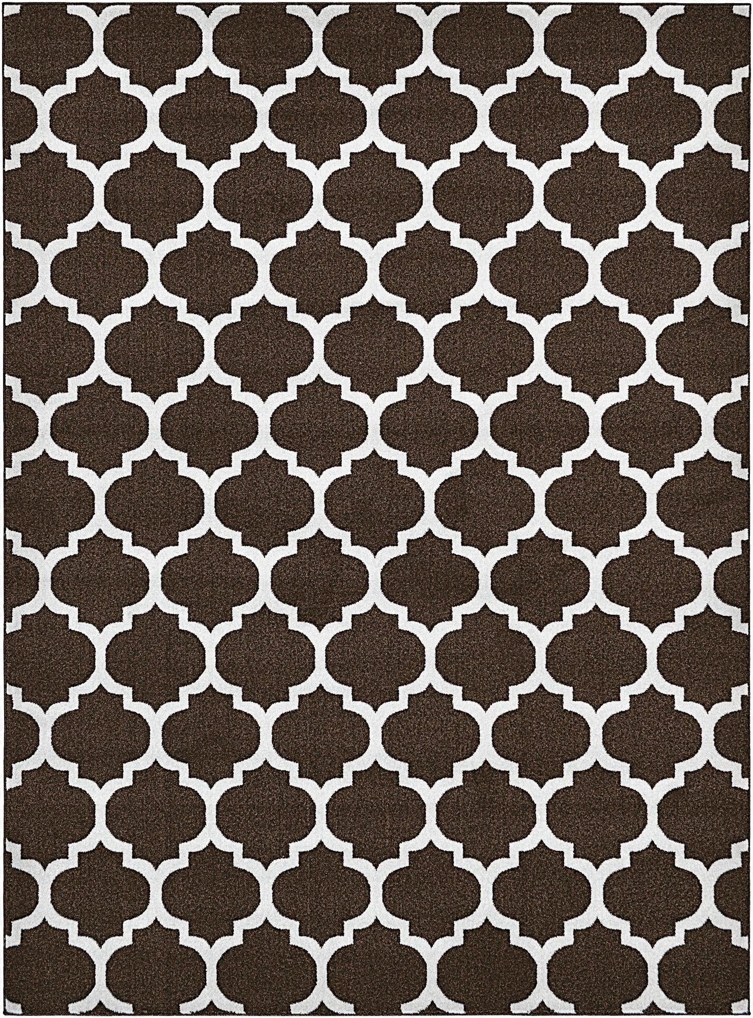 A rectangular 8x11 brown area rug with a repeating white modern trellis pattern, suitable for a living room.
