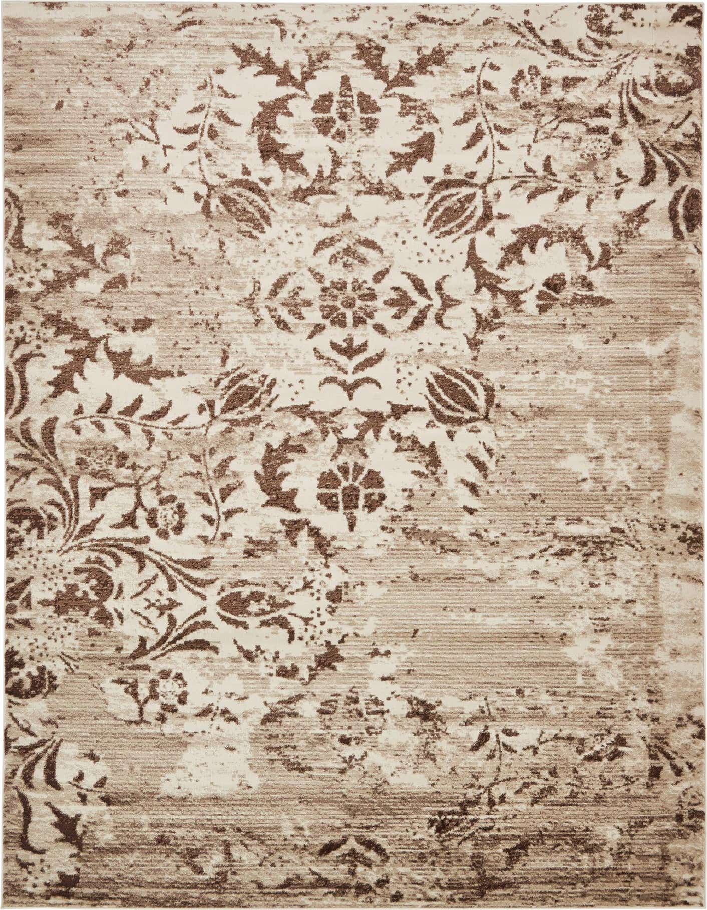 An 8x11 rectangular Rugs.com Nepal rug featuring a distressed botanical and medallion pattern in shades of brown and tan.