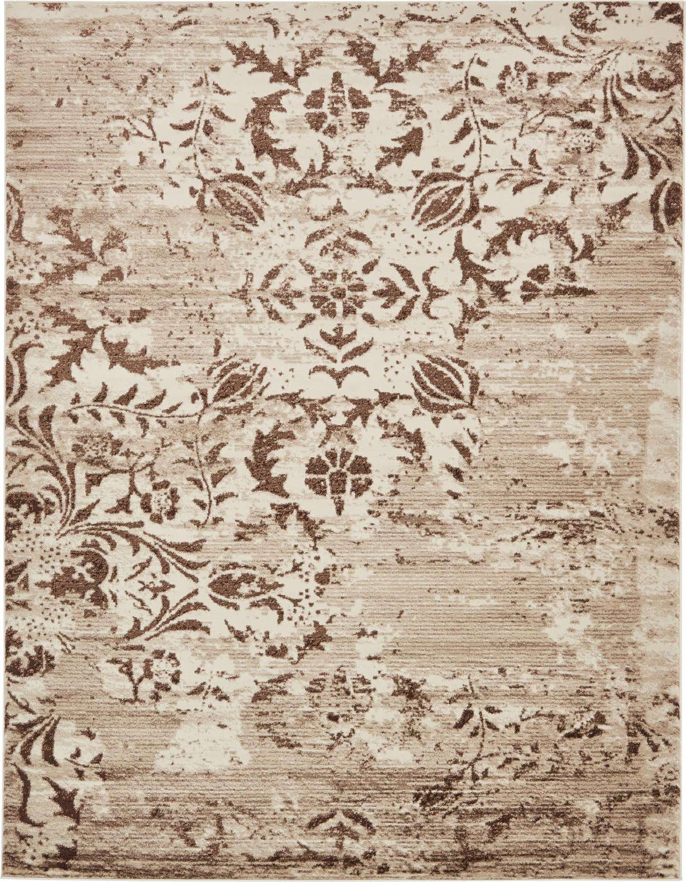 A 7x10 rectangular indoor rug featuring a distressed botanical medallion pattern in varying shades of brown and tan.