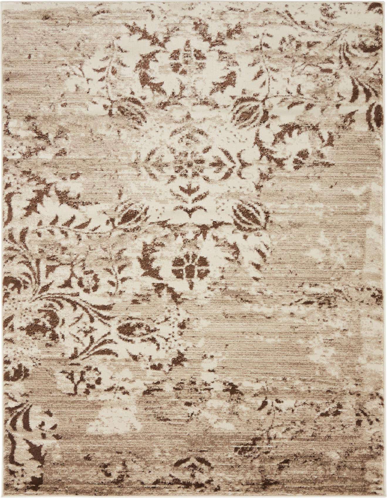 A 4x6 rectangular indoor rug featuring a distressed botanical and medallion pattern in shades of brown and tan.