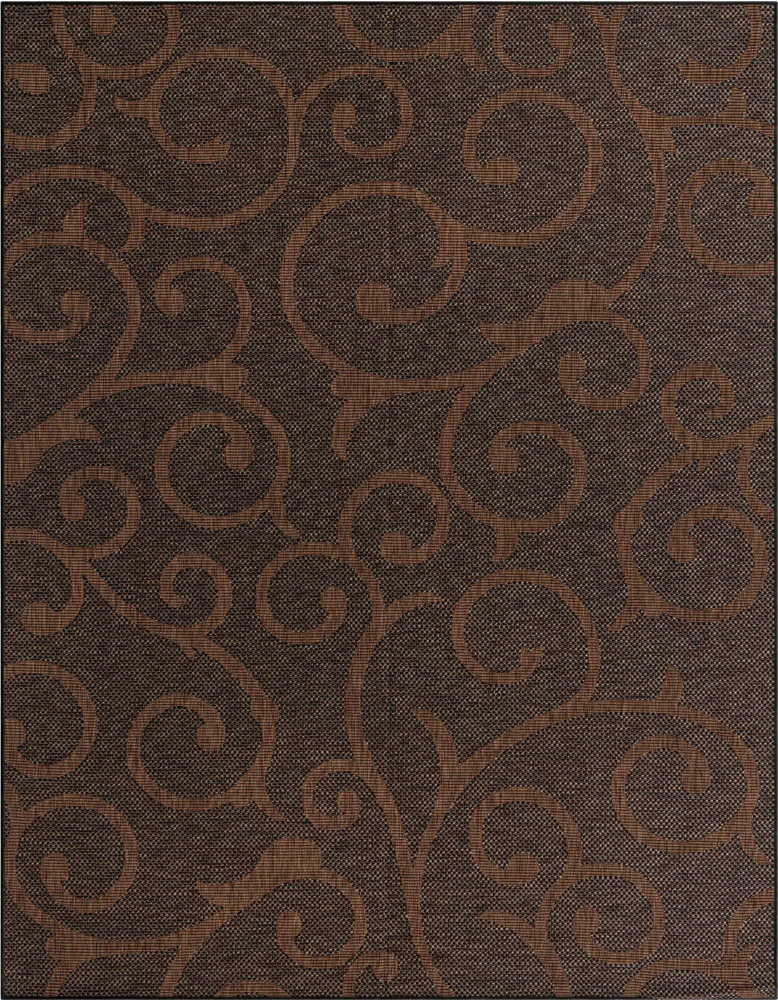 A 9x12 rectangular brown indoor/outdoor rug with a modern botanical scroll pattern, ideal for a patio or living room.