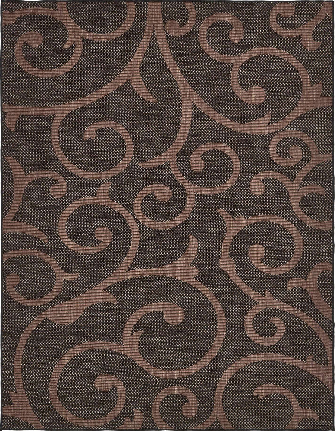 A 6x9 rectangular brown and tan indoor/outdoor rug with a modern botanical scroll pattern, ideal for a patio or living room.