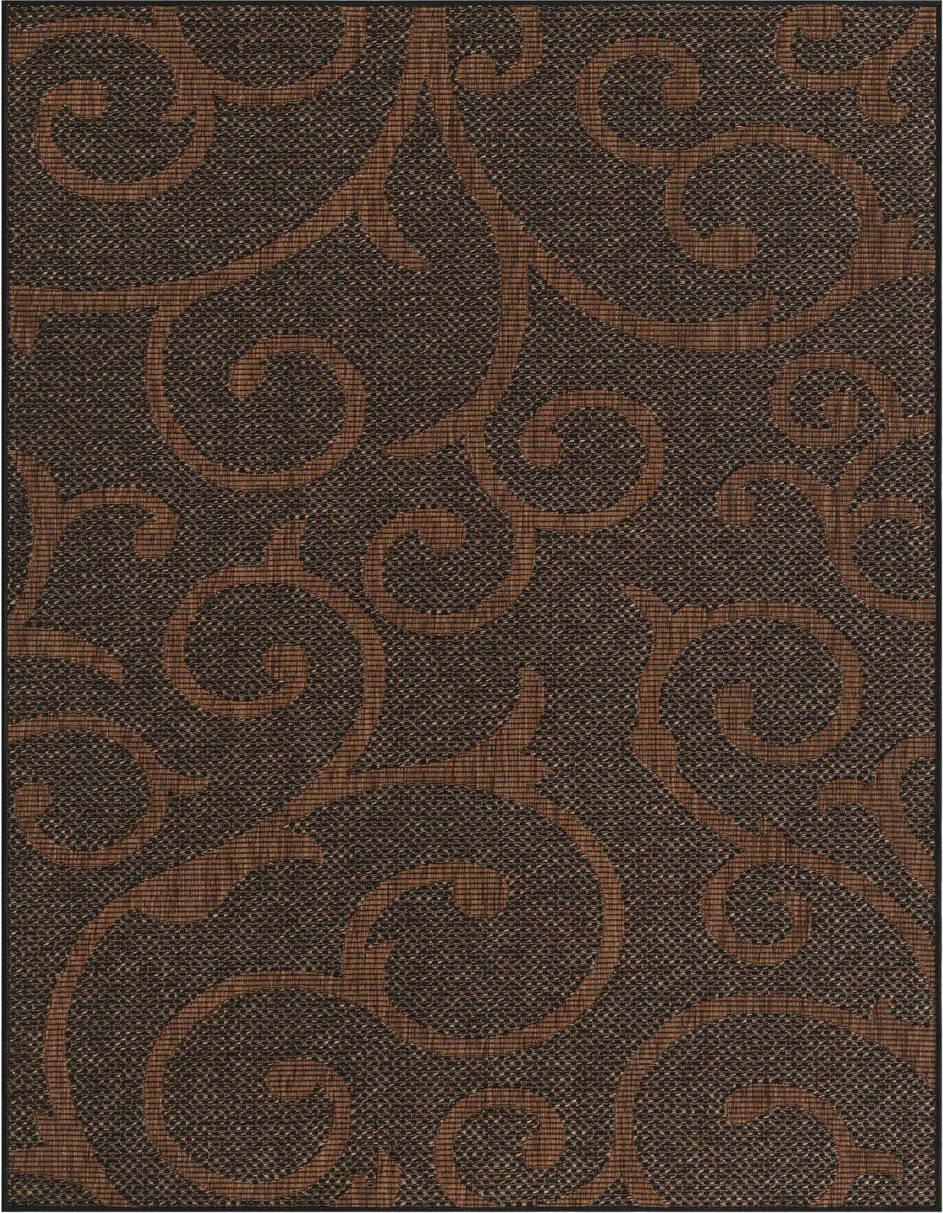 A 5x8 rectangular brown indoor/outdoor rug with a subtle botanical scroll pattern, ideal for a patio or living room.
