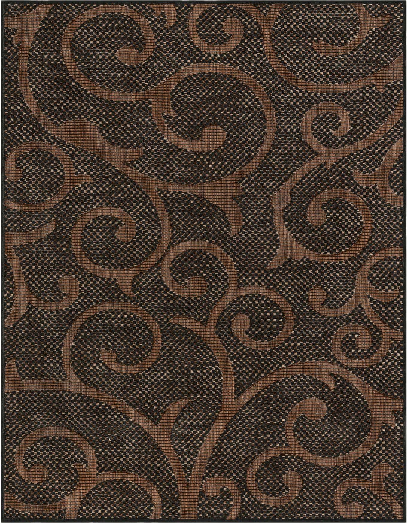 A 3x5 rectangular brown and tan rug with a modern botanical scroll pattern, suitable for indoor or outdoor use.