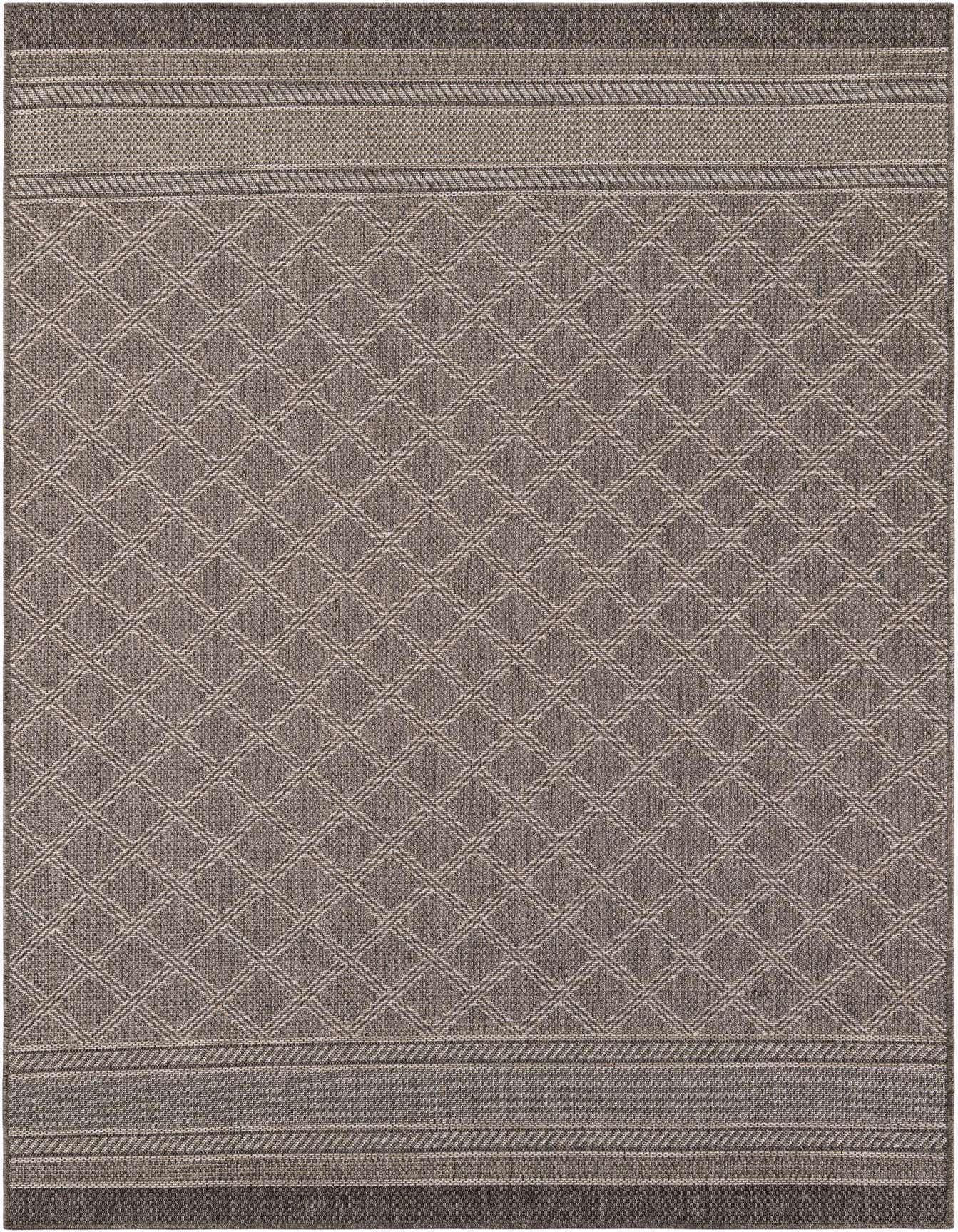 A 6x9 rectangular brown and tan indoor/outdoor rug with a modern lattice pattern and striped borders.