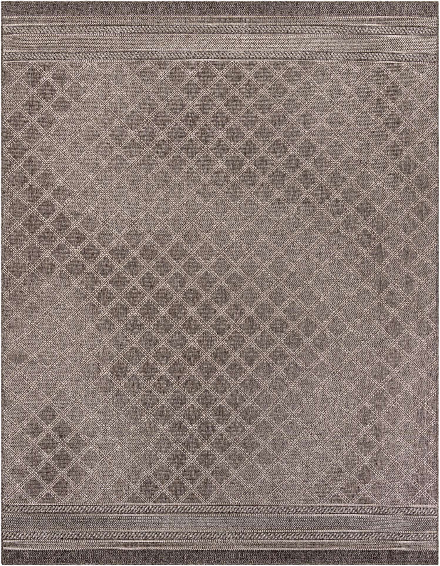 A 9x12 rectangular brown and tan indoor/outdoor rug with a modern lattice pattern and striped border.