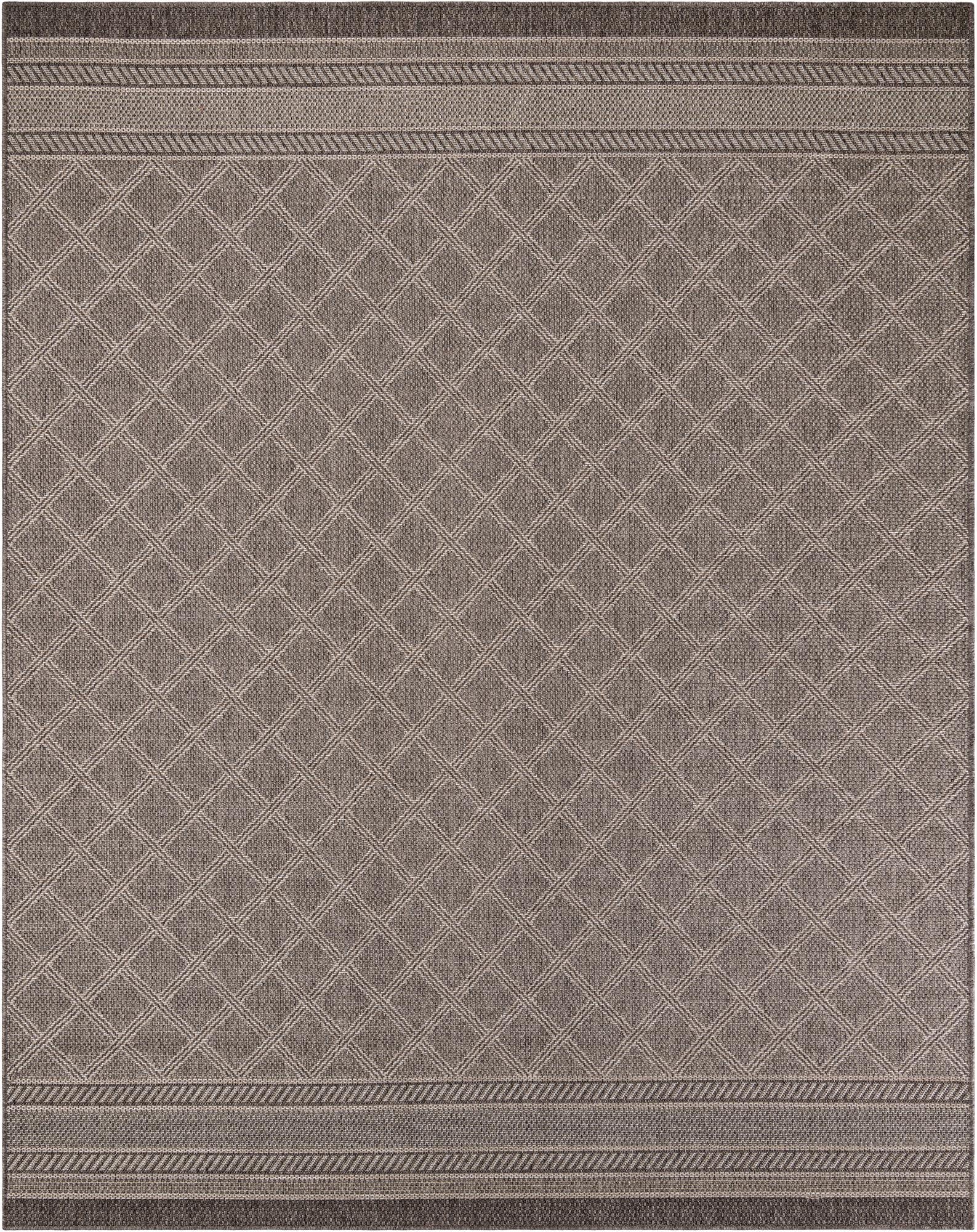 An 8x10 rectangular brown and tan indoor/outdoor rug featuring a modern lattice pattern and striped borders.