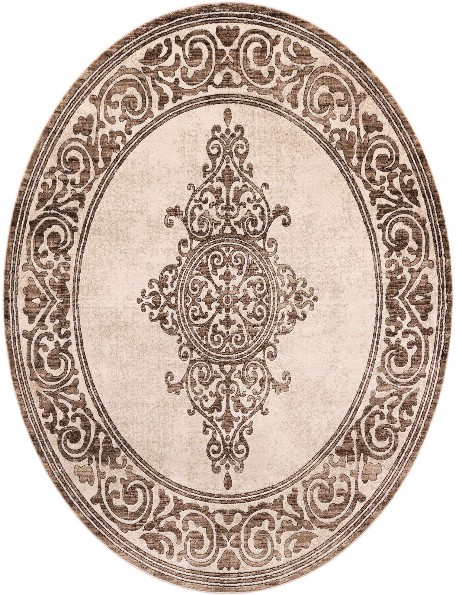 A 7' 10 round Hermitage rug featuring a traditional medallion pattern in shades of brown and tan.