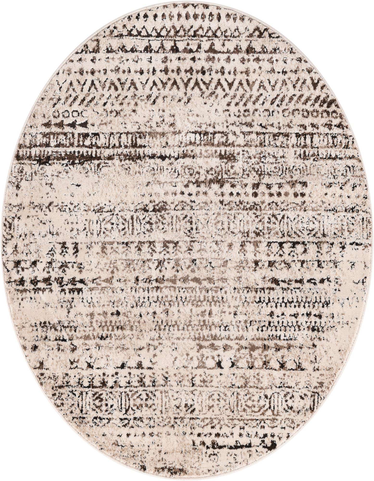 A round 4' 0 x 4' 0 Rugs.com Hermitage rug featuring a distressed tribal and modern stripe pattern in browns and tans.