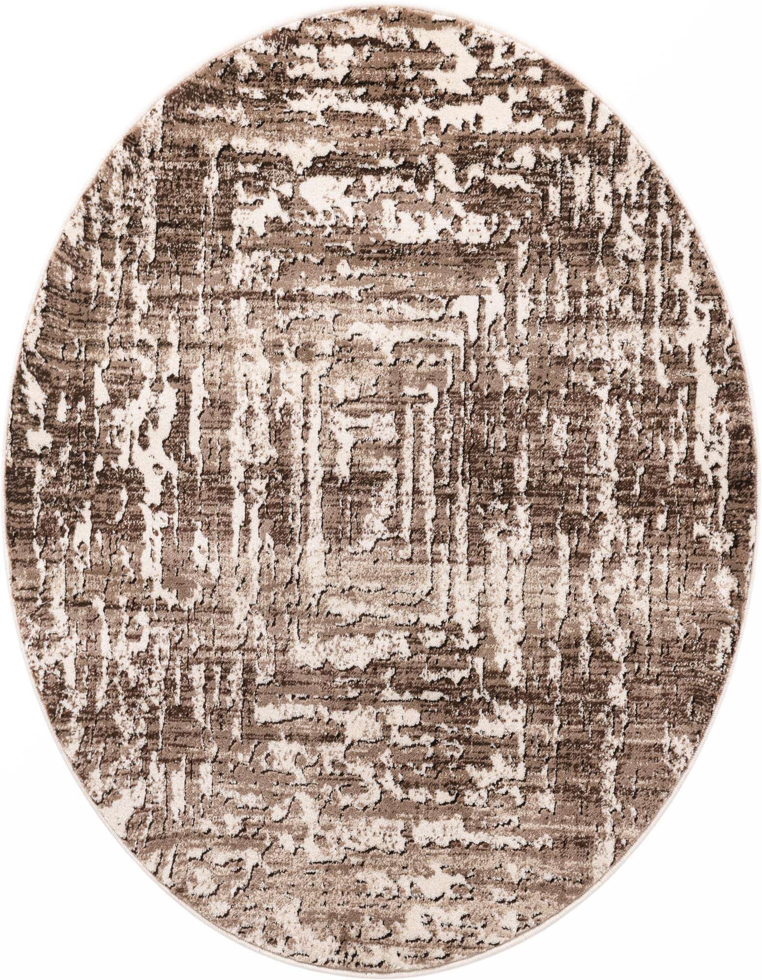 A round 4' x 4' Rugs.com Hermitage rug featuring a modern, vintage-inspired abstract pattern in shades of brown and tan.