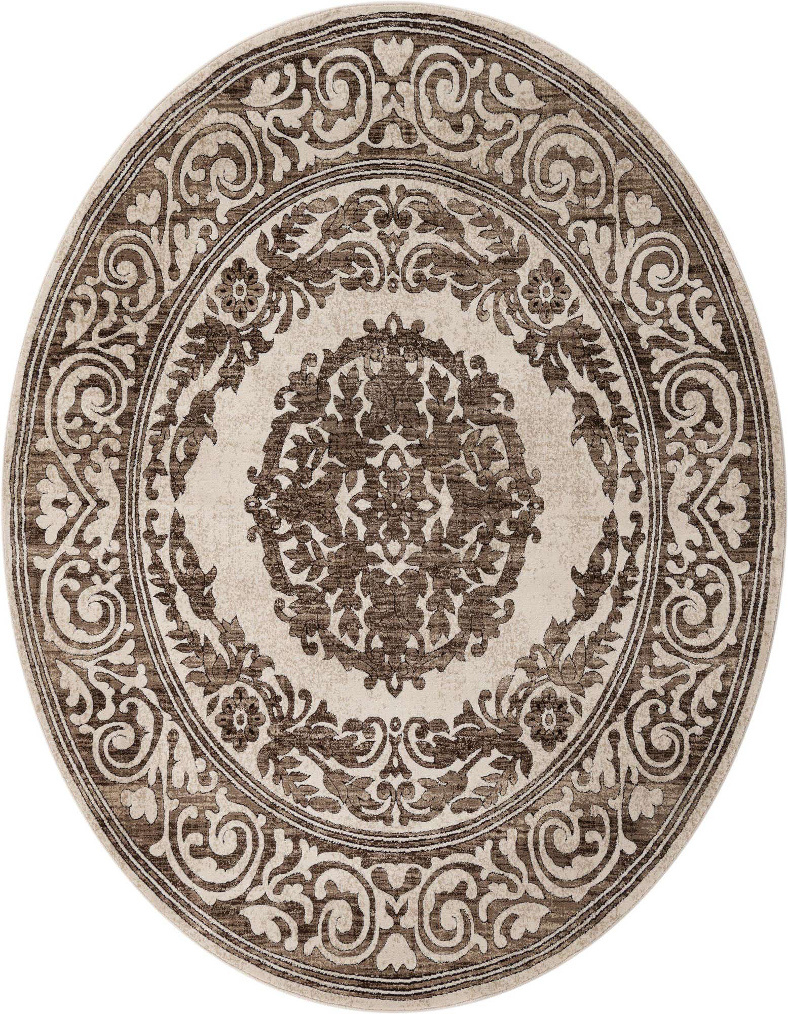 A round brown and tan vintage medallion rug with intricate oriental patterns, ideal for an indoor living space.