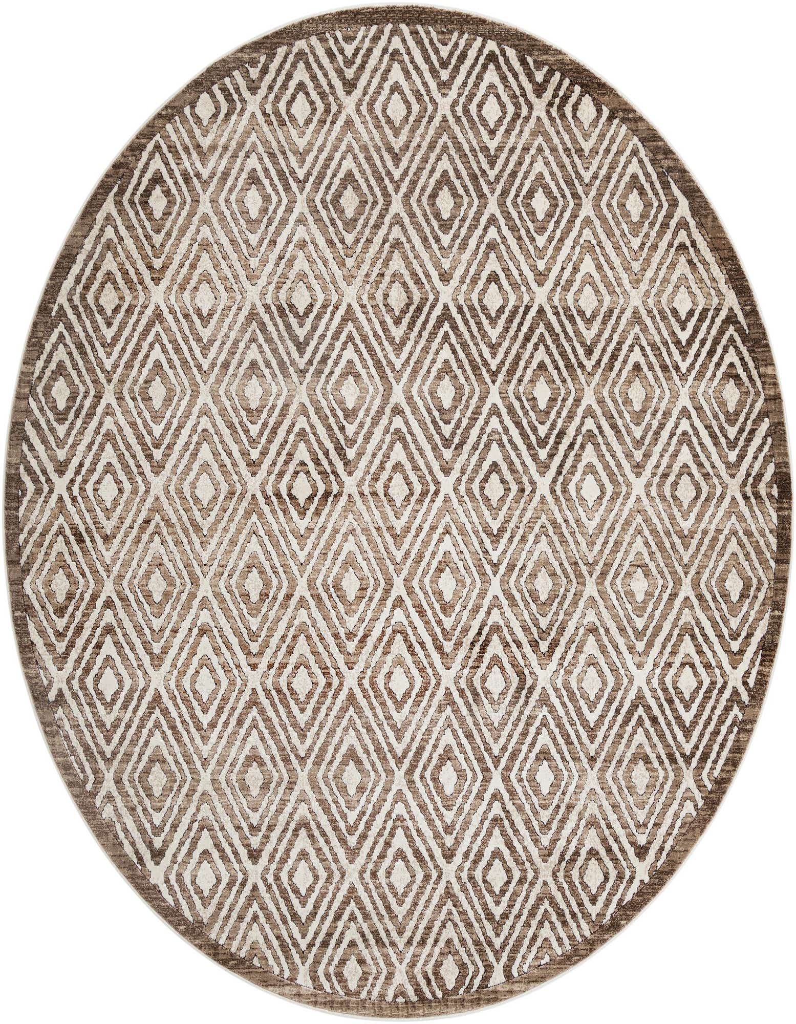 A 10' round modern rug featuring a repeating diamond pattern in varying shades of brown and tan.